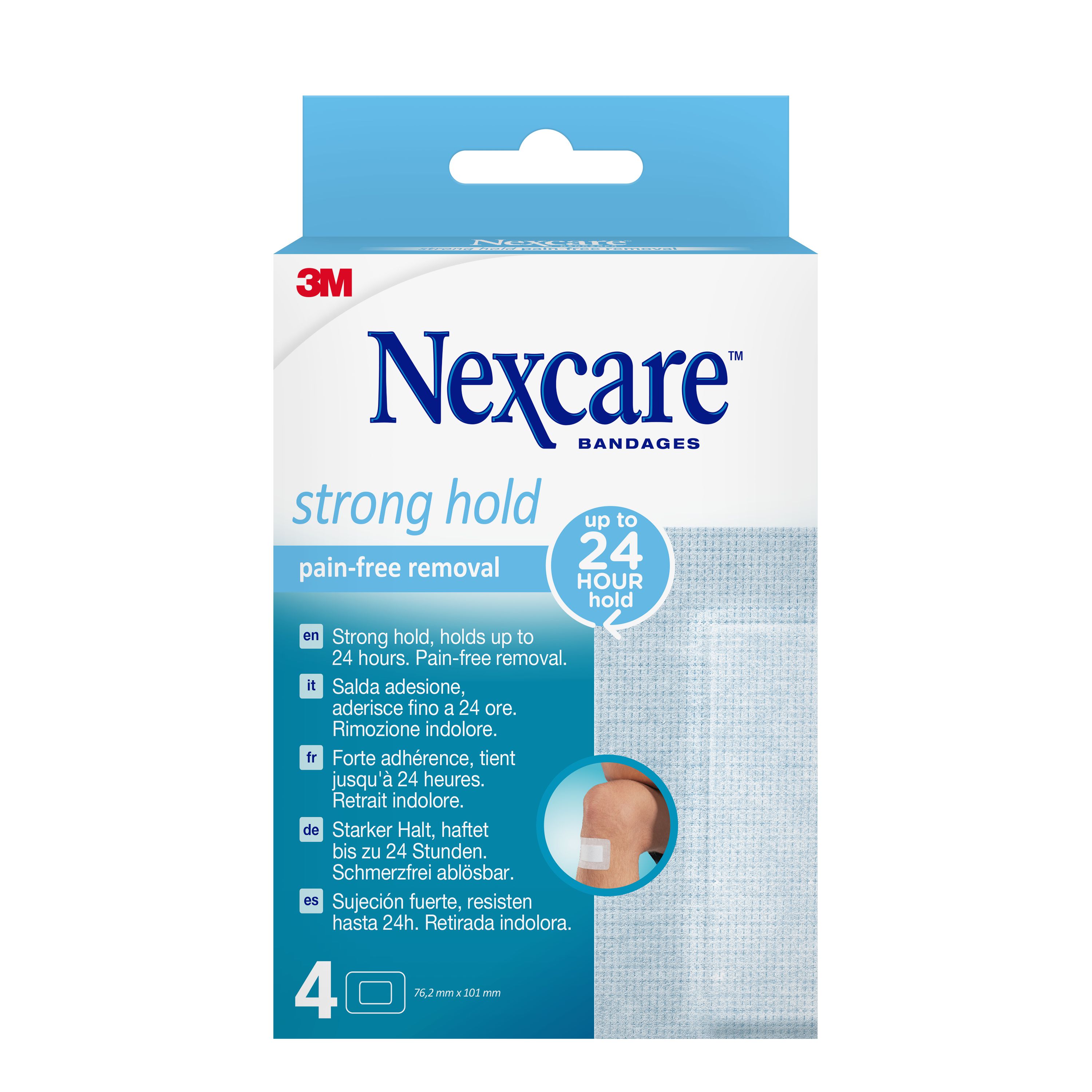 Verpackung von Nexcare Pflastern mit Hinweisen zu starkem Halt und schmerzfreier Entfernung.
