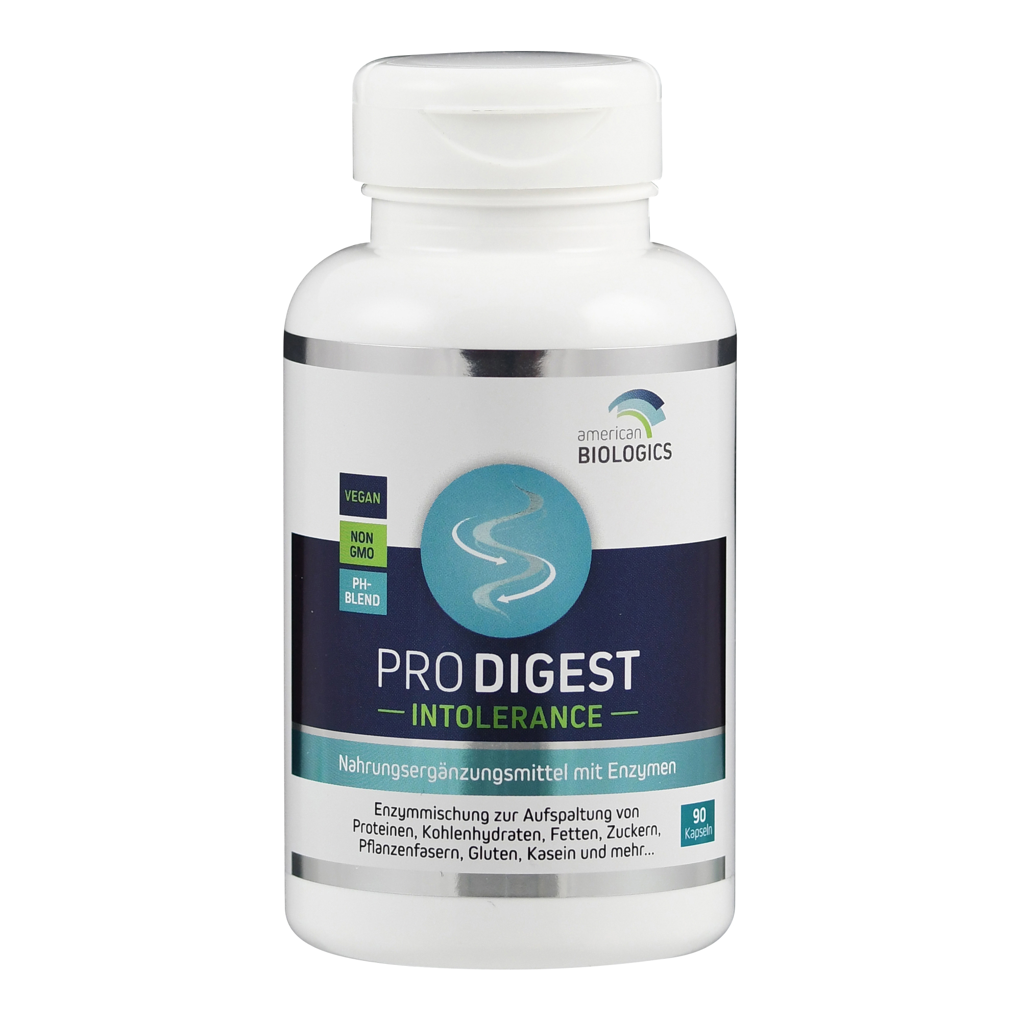 Weißes Fläschchen mit dem Etikett "Pro Digest Intolerance" von American Biologics, das als Nahrungsergänzungsmittel mit Enzymen beworben wird.