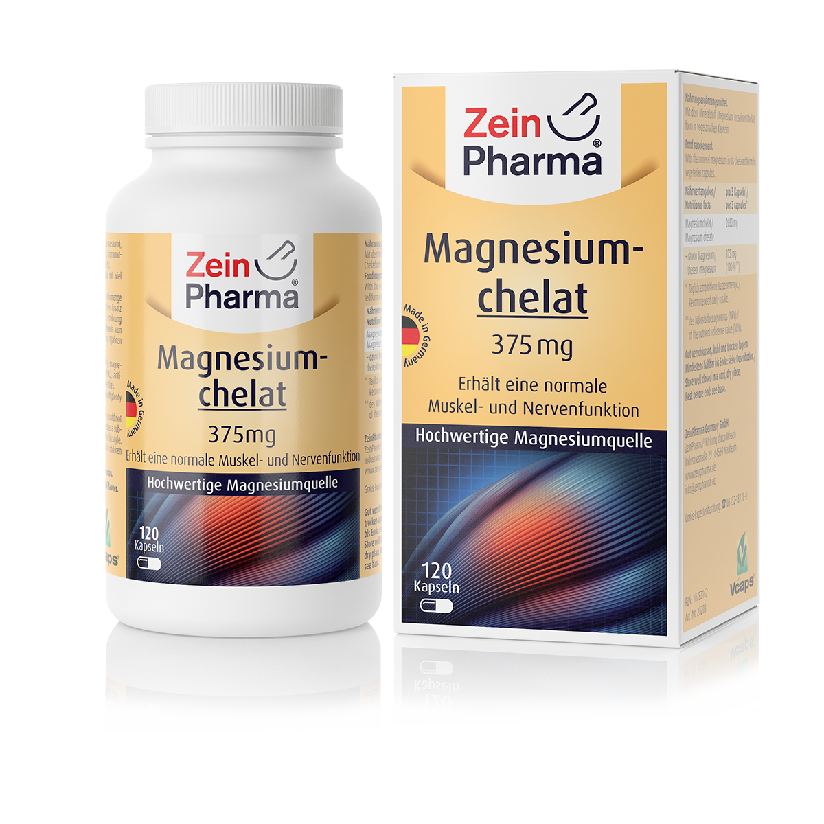 Flasche und Verpackung von Zein Pharma Magnesium-Chelat, 375 mg, 120 Kapseln mit Angaben zur Wirkung und Qualität.