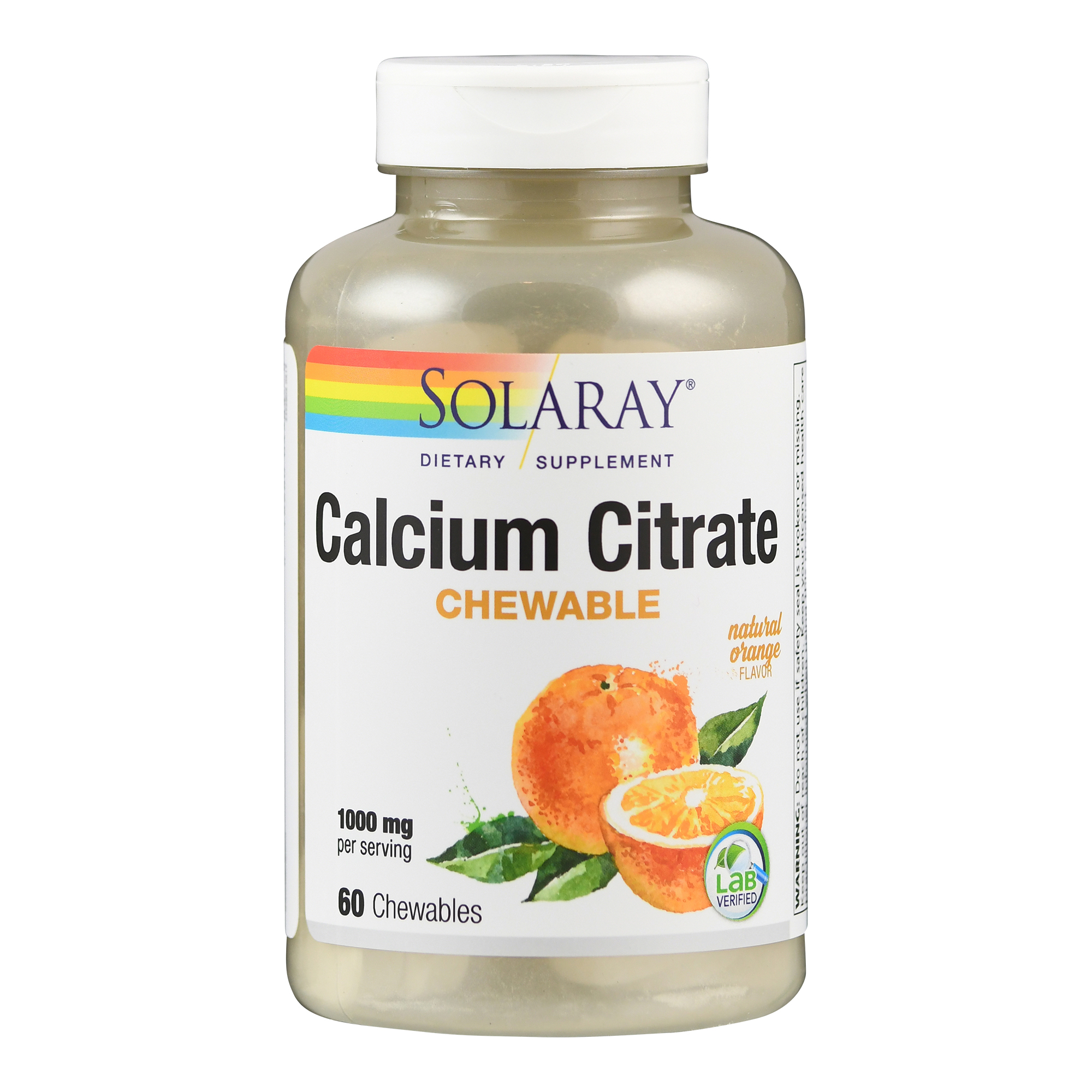 Flasche mit Calciumcitrat-Kautabletten von Solaray, 1000 mg pro Portion, 60 Stück, mit Orangenabbild und Logo.