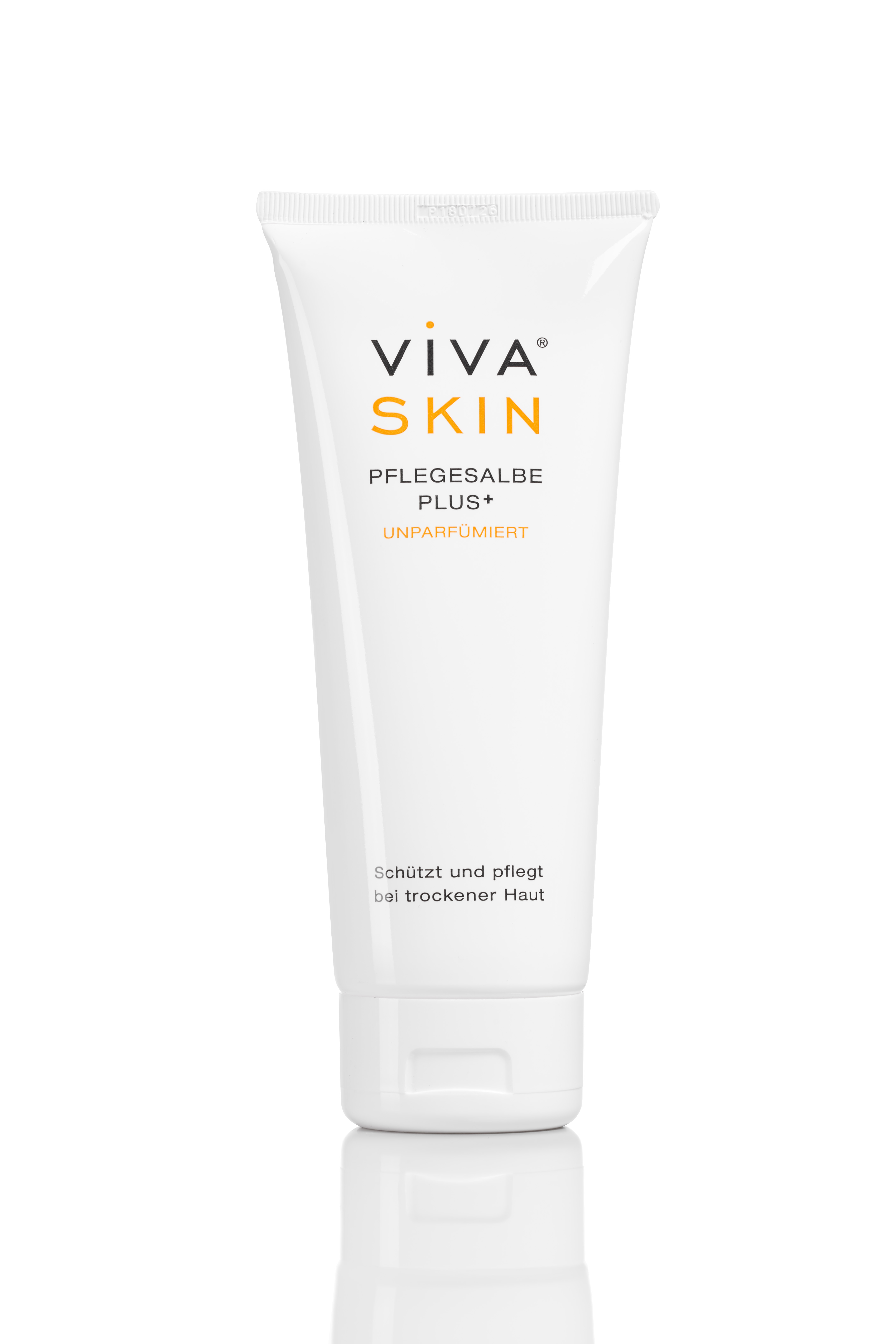 Produktbild einer weißen Tube mit der Aufschrift "VIVA SKIN PFLEGESALBE PLUS+ unparfümiert" zur Pflege trockener Haut.