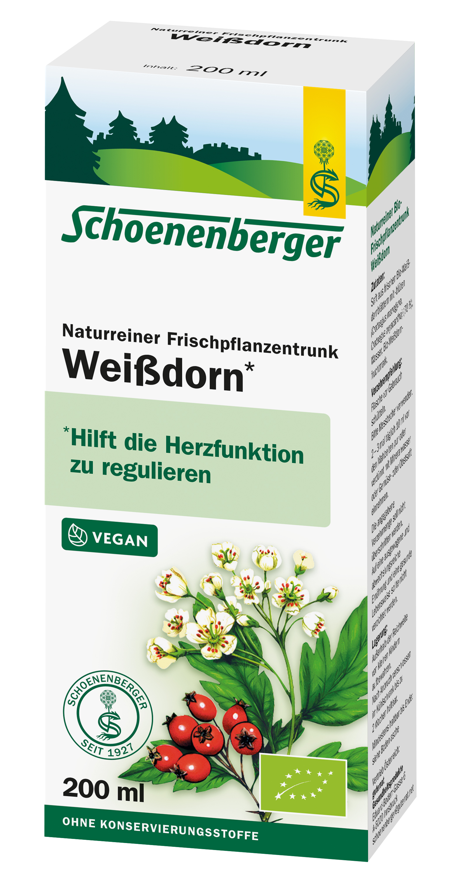 Verpackung eines naturreinen Frischpflanzentrunks aus Weißdorn von Schoenenberger, 200 ml, mit Hinweis auf die regulierende Wirkung auf die Herzfunktion und dem veganen Siegel.