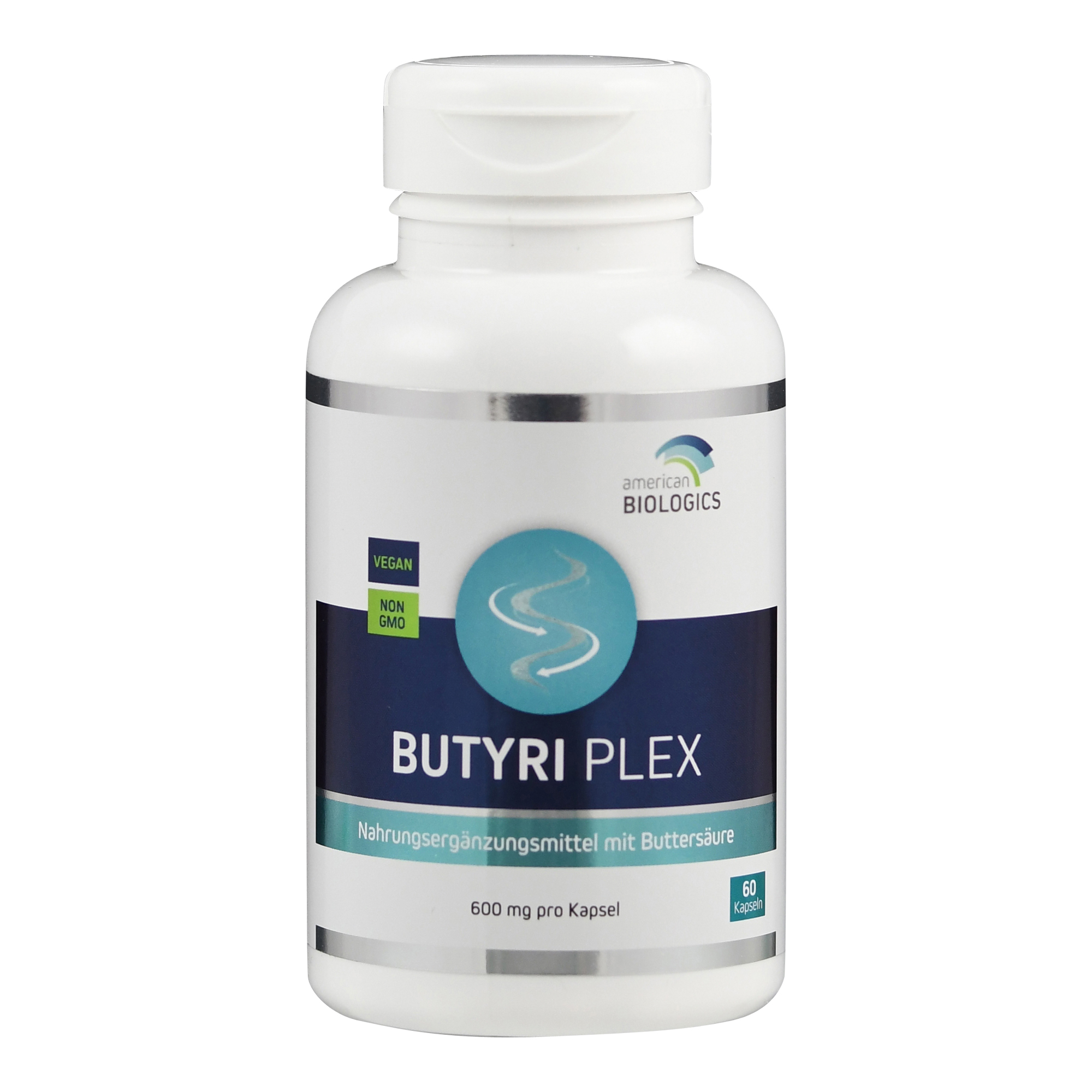 Weißes Fläschchen mit blauem Etikett, das das Nahrungsergänzungsmittel "BUTYRI PLEX" mit Buttersäure bewirbt, 600 mg pro Kapsel, 66 Kapseln.