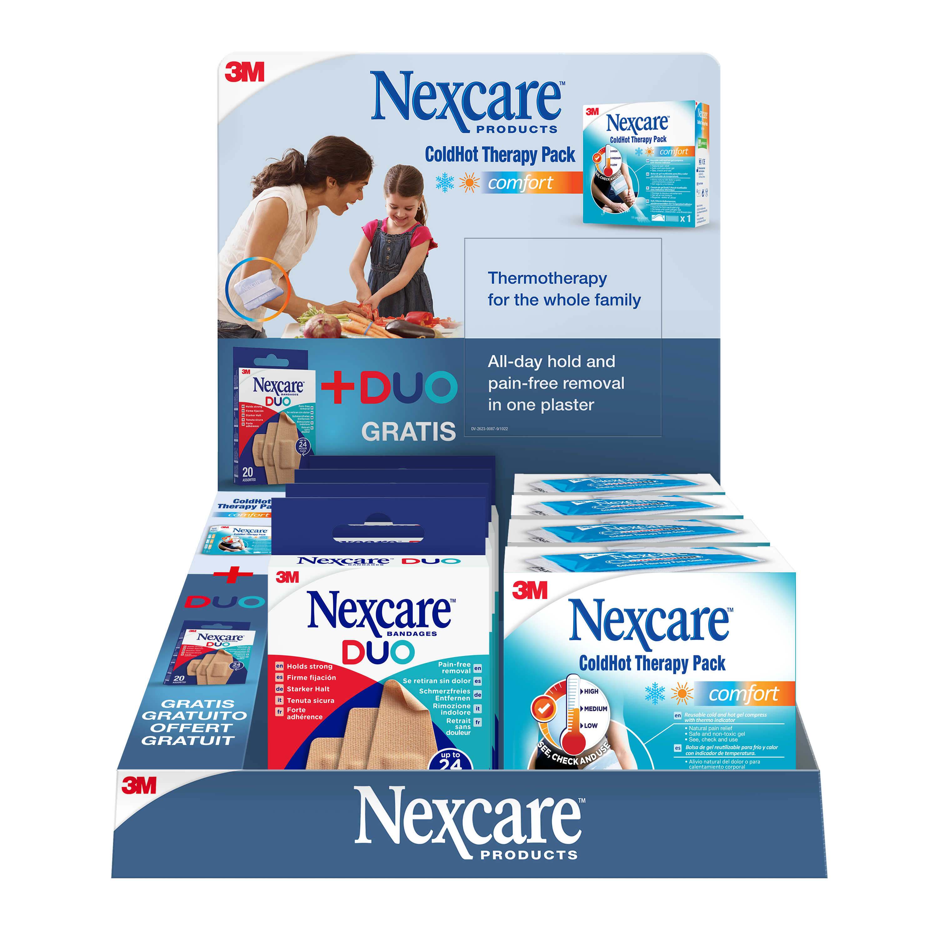 Packung mit Nexcare ColdHot Therapieprodukten, inklusive einem kostenlosen Duo-Pflaster, zur Schmerzlindung für die ganze Familie.