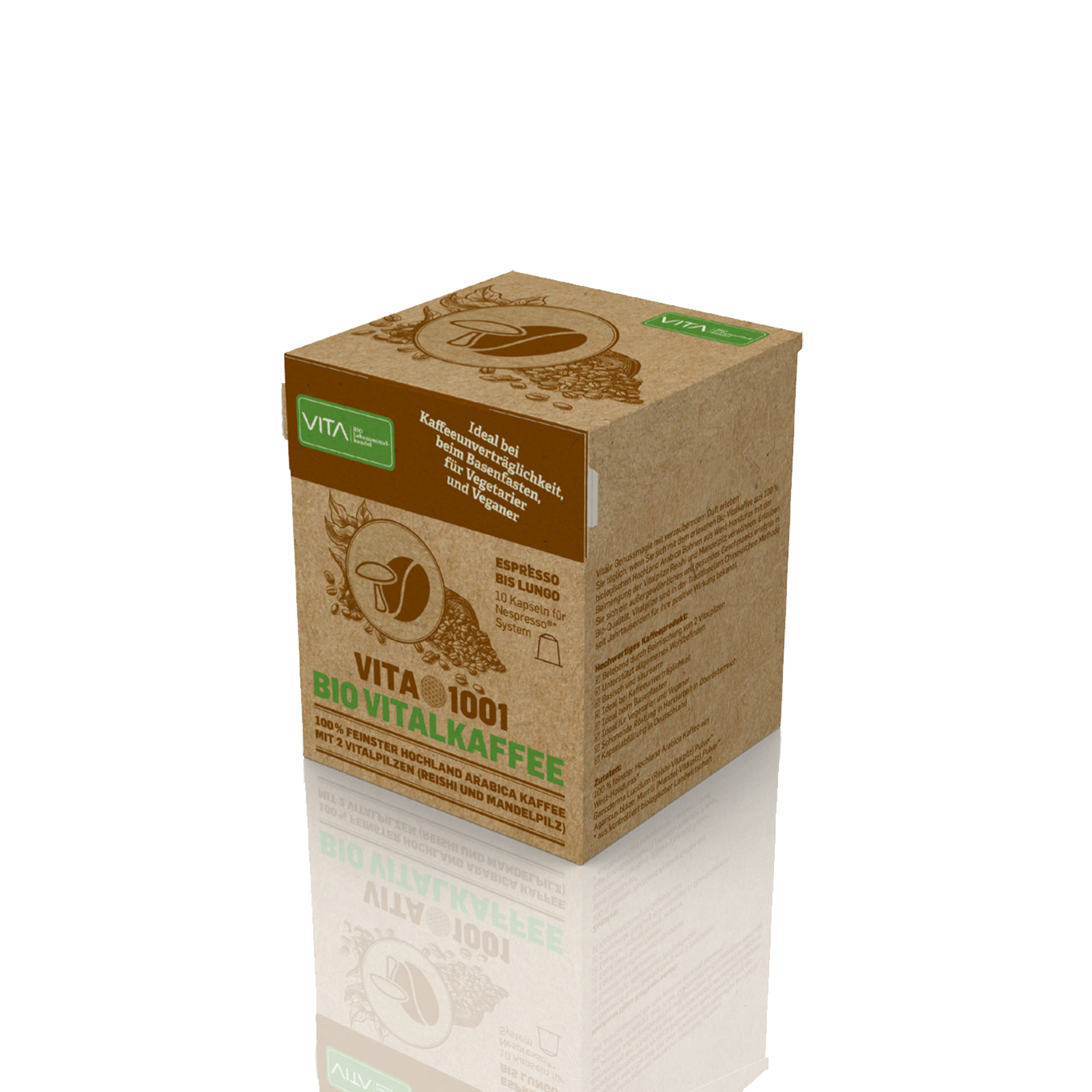Packung mit Vita Vitalkaffee, Bio-Espresso, aus braunem Karton mit grünem und braunem Schriftzug.