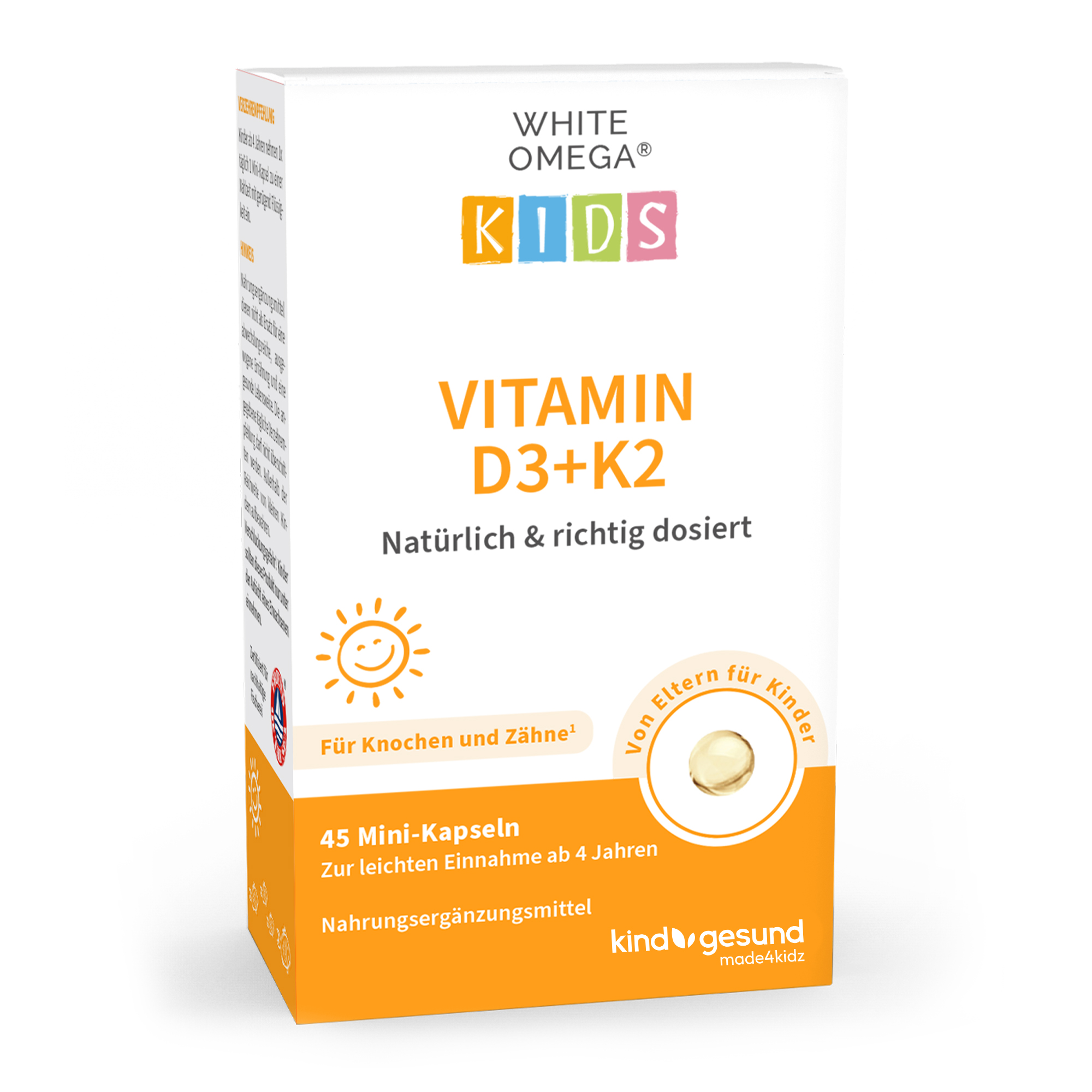 Verpackung von WHITE OMEGA KIDS Vitamin D3+K2, 45 Mini-Kapseln für Kinder ab 4 Jahren.
