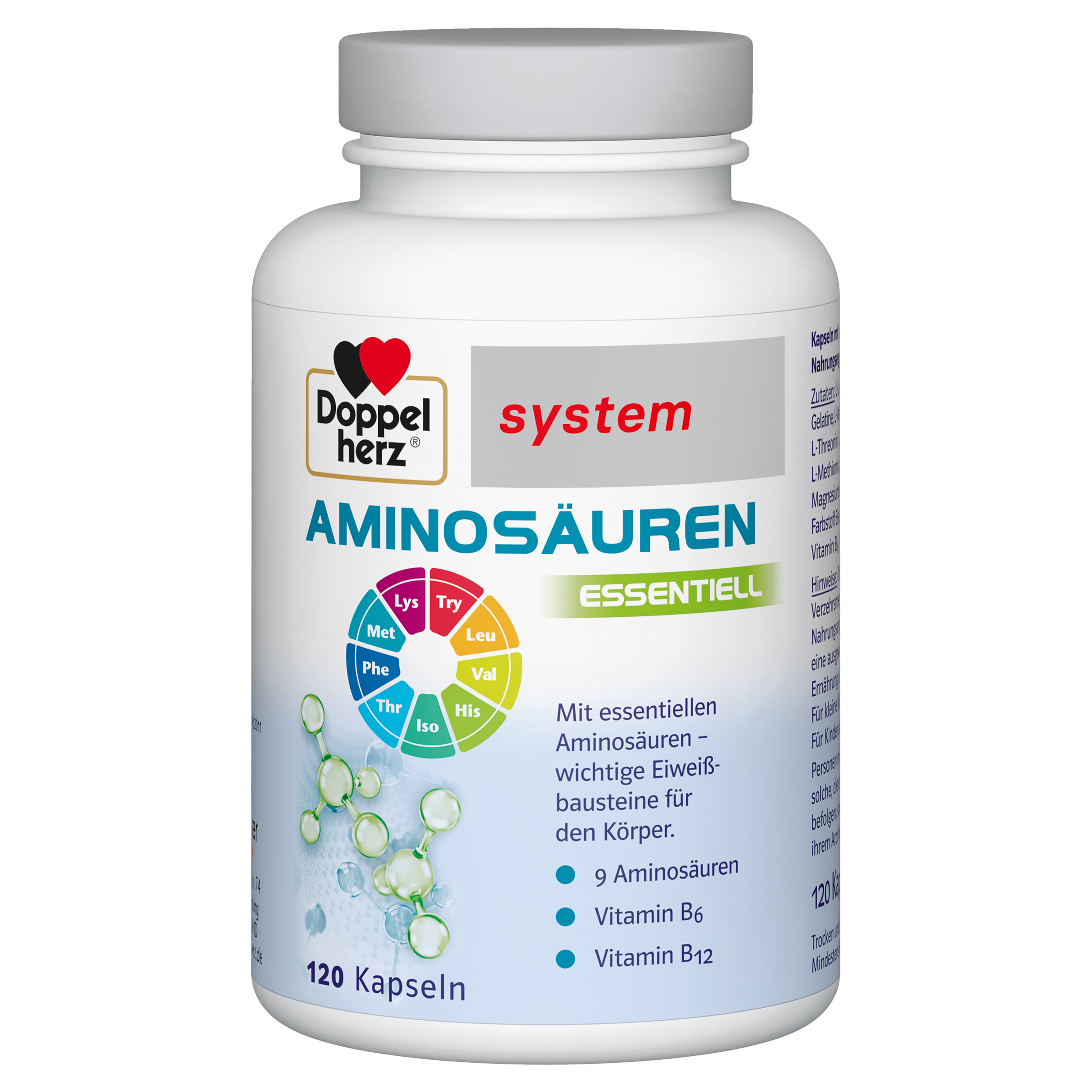 Flasche mit Aminosäuren-Kapseln von Doppelherz, mit Beschreibung und Nährstoffinformationen.