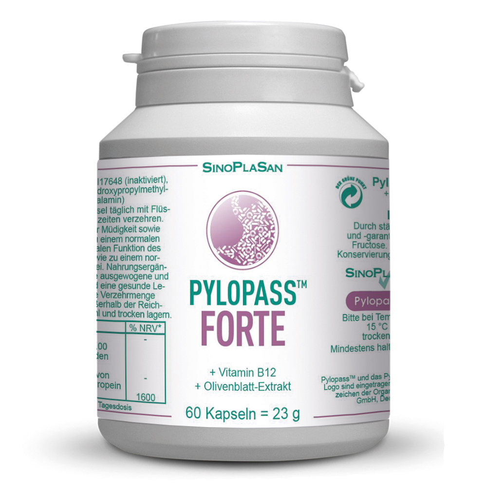 Weißer Flakon mit Schraubverschluss, beschriftet mit "PYLOPASS™ FORTE", enthält 60 Kapseln und Angaben zu Inhaltsstoffen und Anwendung.