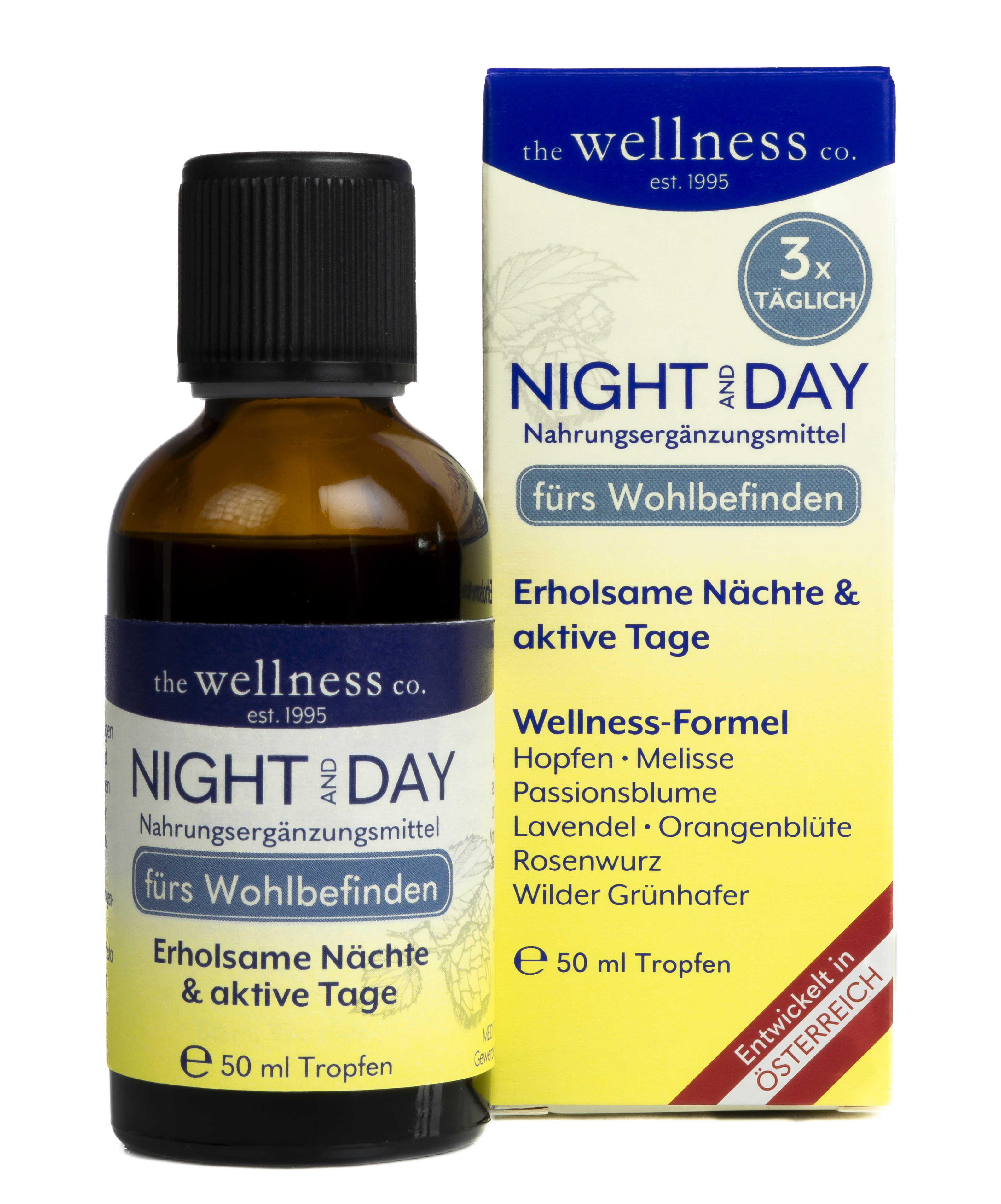 Braunglasflasche mit Vitamin-Tropfen in einem Karton, beschriftet mit "NIGHT and DAY" und Angaben zu Anwendung und Inhaltsstoffen.
