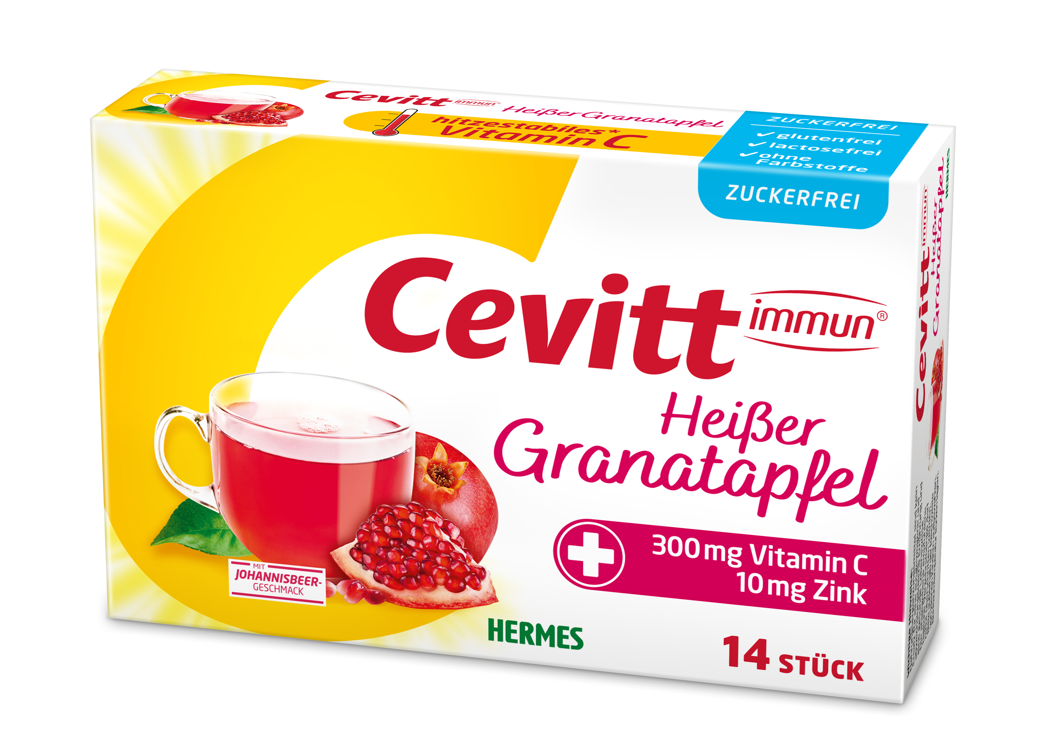 Verpackung von Cevitt immun „Heißer Granatapfel“ mit 14 Stück, buntem Design und Angaben zu Vitaminen.