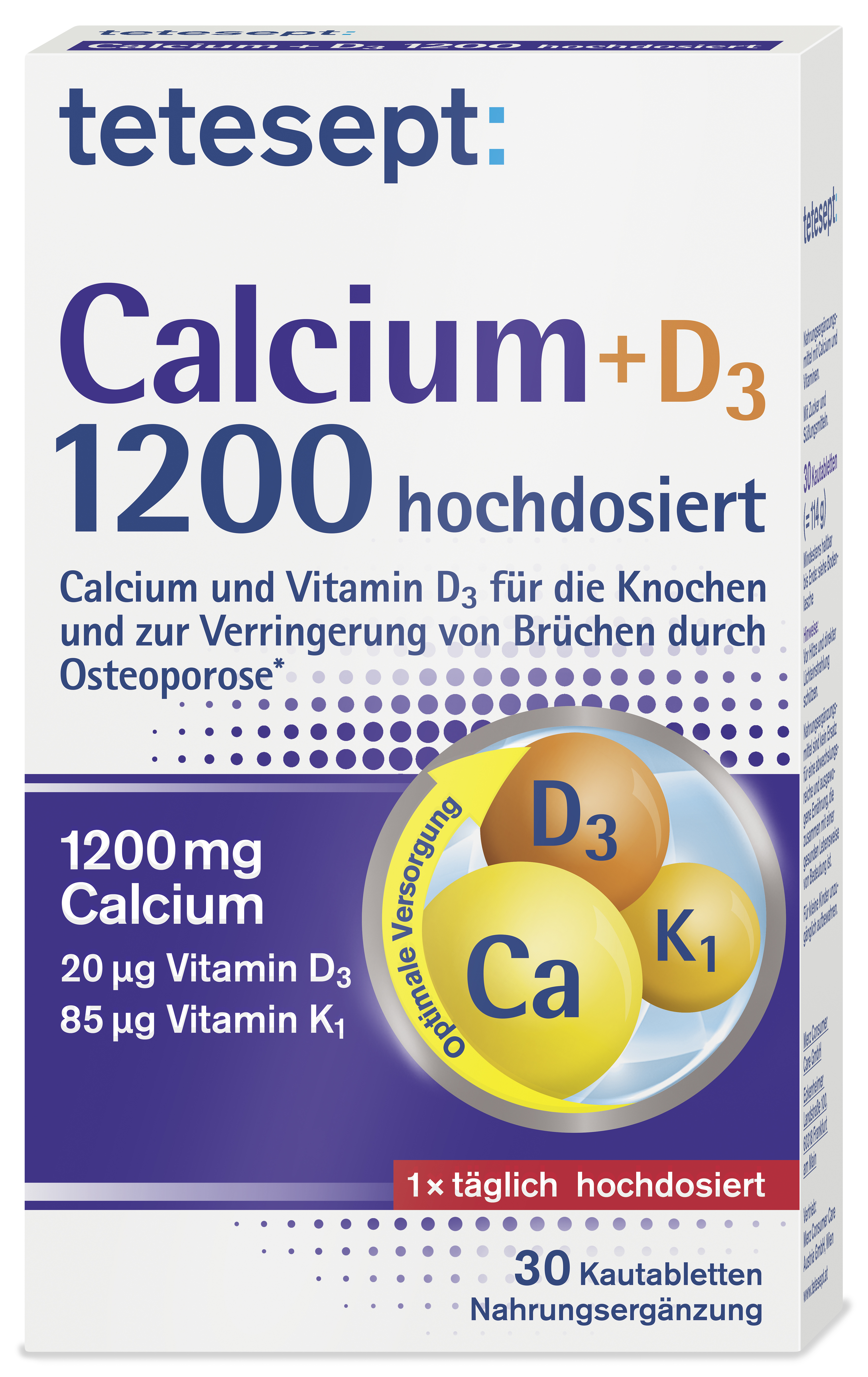 Packung mit tetesept Calcium + D3, enthält 1200 mg Calcium, 20 µg Vitamin D3 und 85 µg Vitamin K1 für die Knochen. 30 Kautabletten.