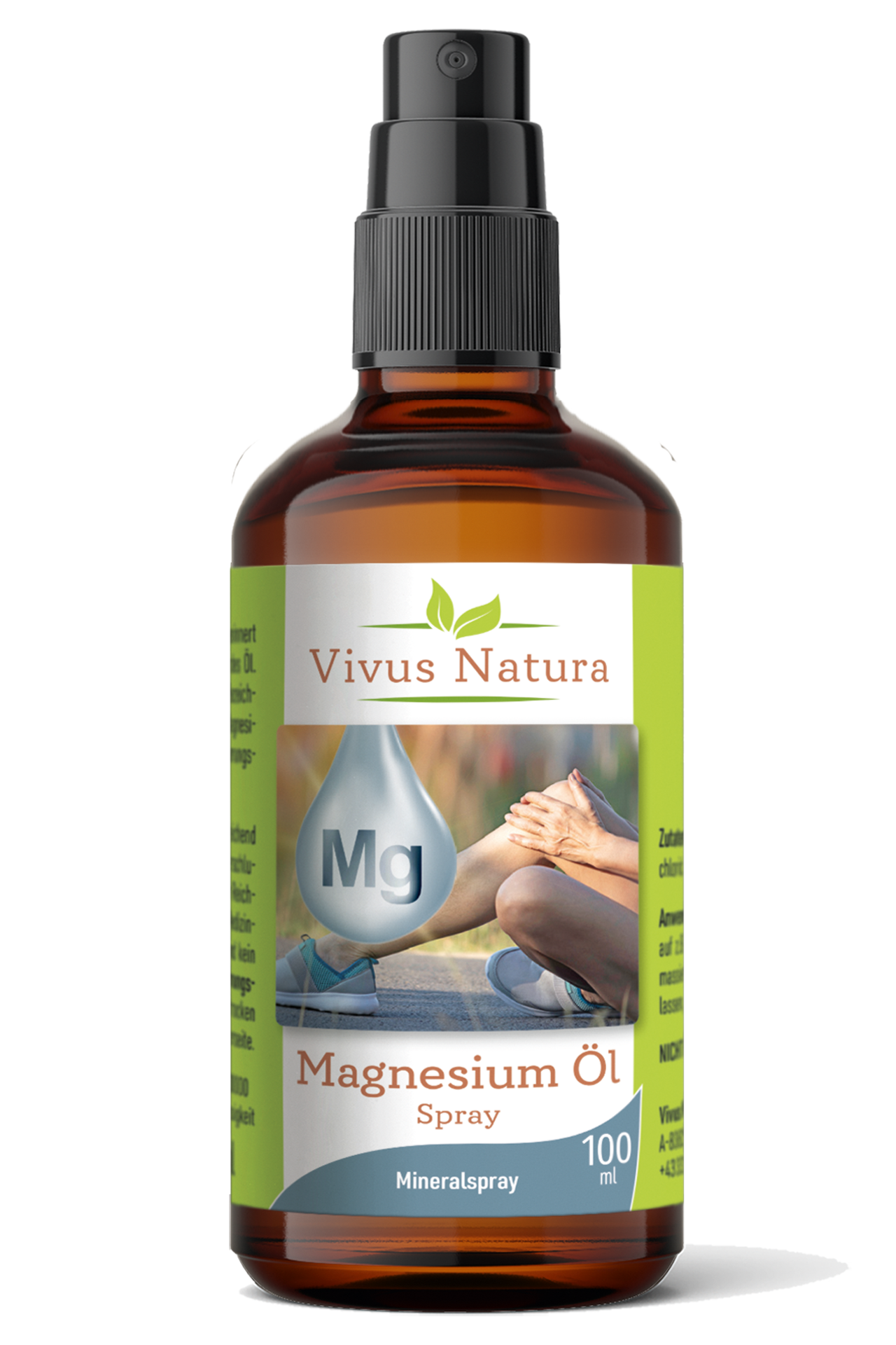 Flasche mit Magnesiumöl-Spray von Vivus Natura, 100 ml, auf etikettierte Vorderseite abgebildet.