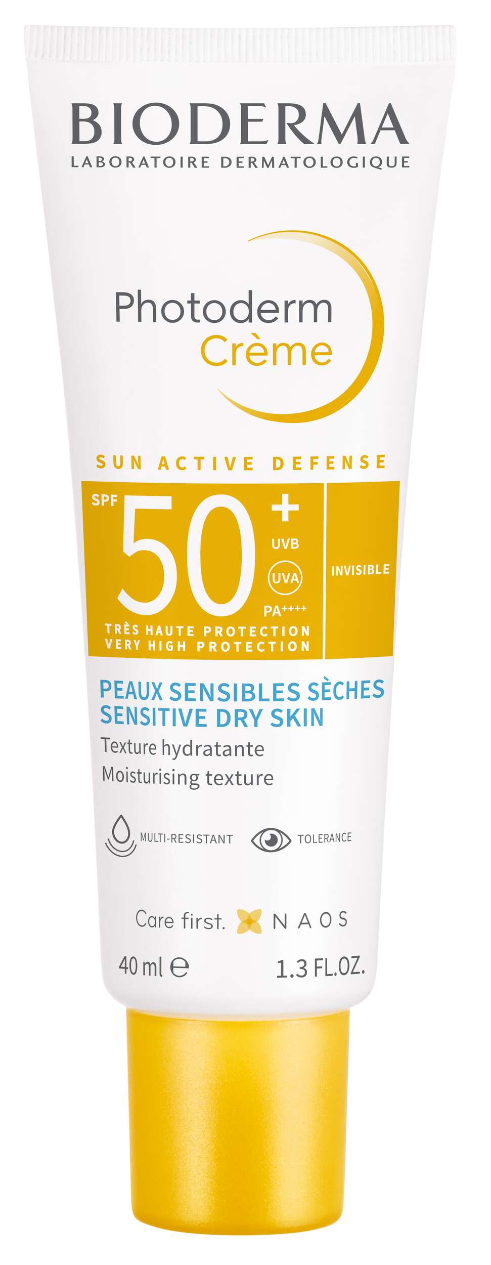 Verpackung einer Sonnencreme der Marke Bioderma mit hohem Lichtschutzfaktor 50+, beschrieben für empfindliche, trockene Haut.