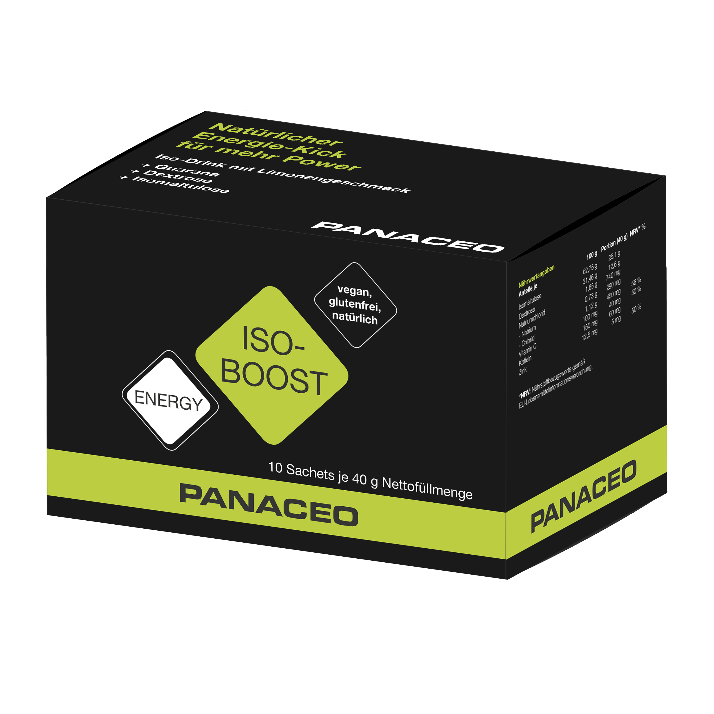 Schwarze Verpackung mit grünen Akzenten für das Produkt "ISO-BOOST" von PANACEO, das als natürlicher Energie-Kick beworben wird. Enthält 10 Sachets à 40 g.
