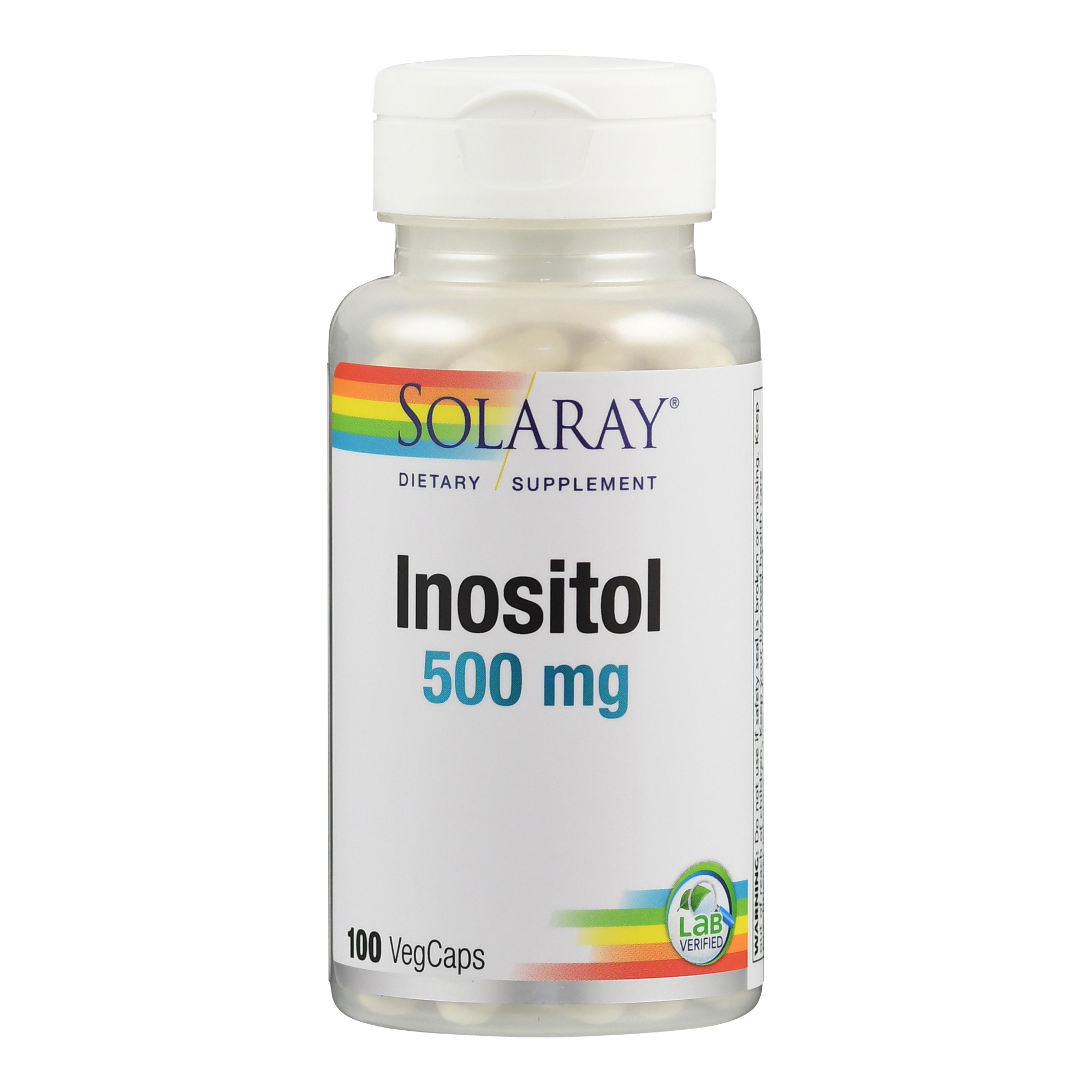 Flasche mit Inositol 500 mg von Solaray, 100 vegetarischen Kapseln.