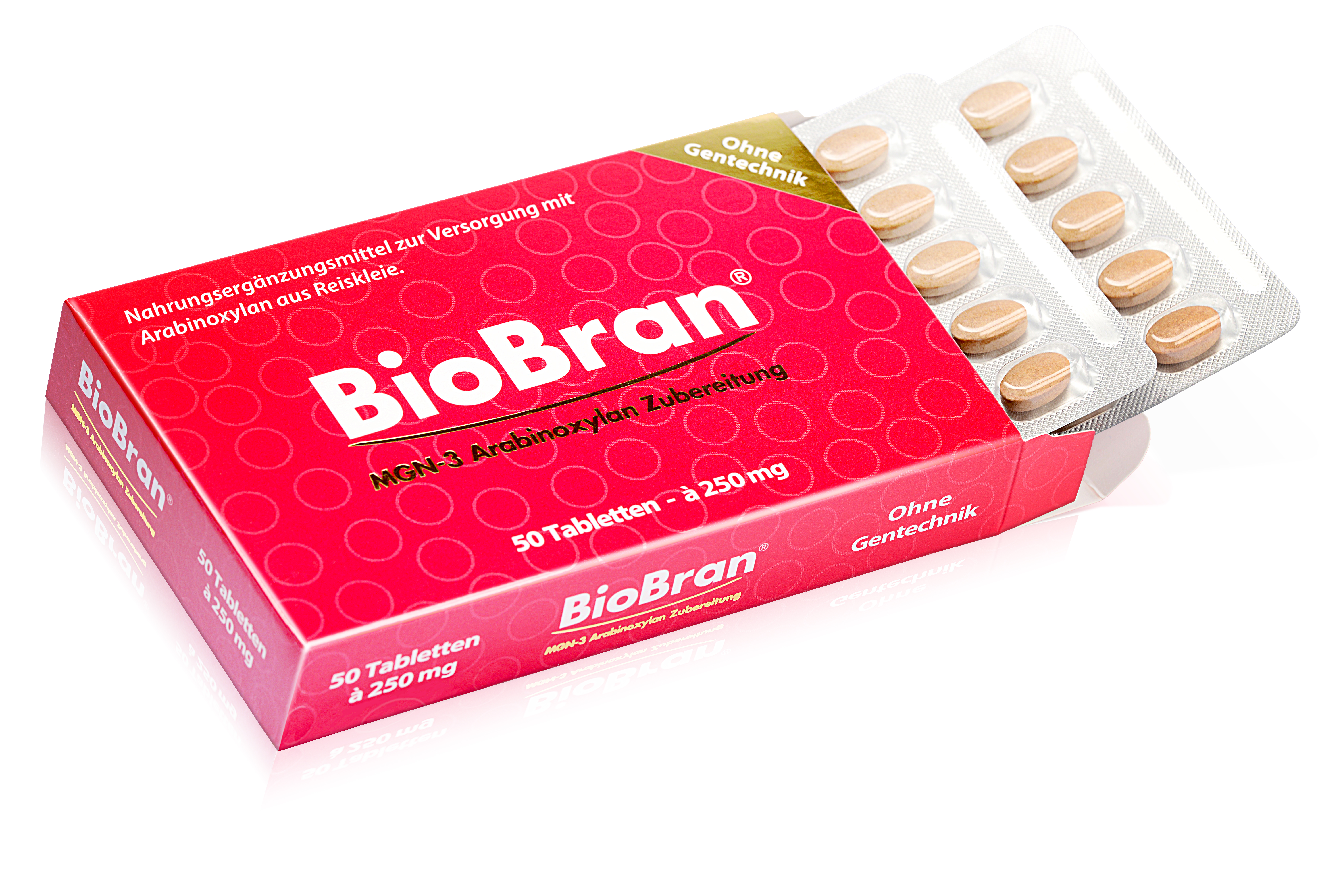 Packung BioBran mit 50 Tabletten zu je 250 mg in einer Blisterverpackung.