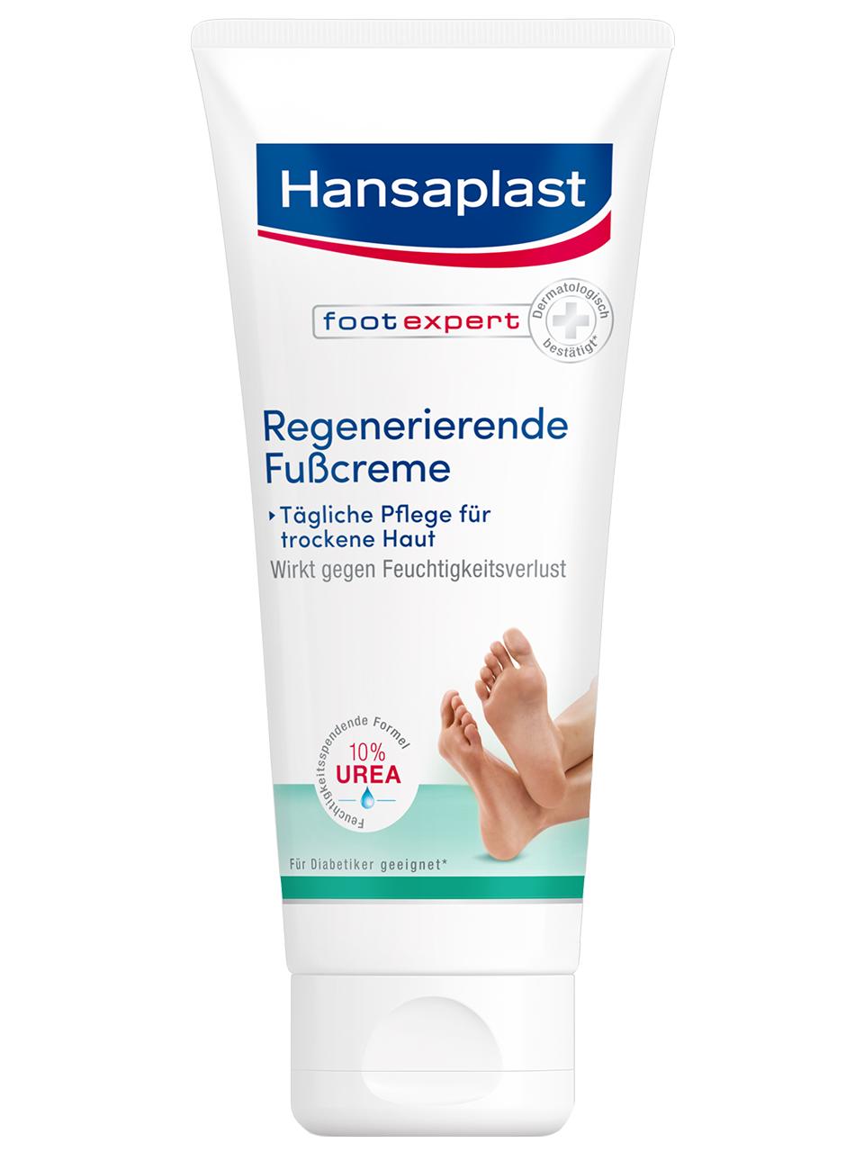 Regenerierende Fußcreme von Hansaplast in einer Tube mit Beschreibung der Inhaltsstoffe und Anwendungshinweisen.