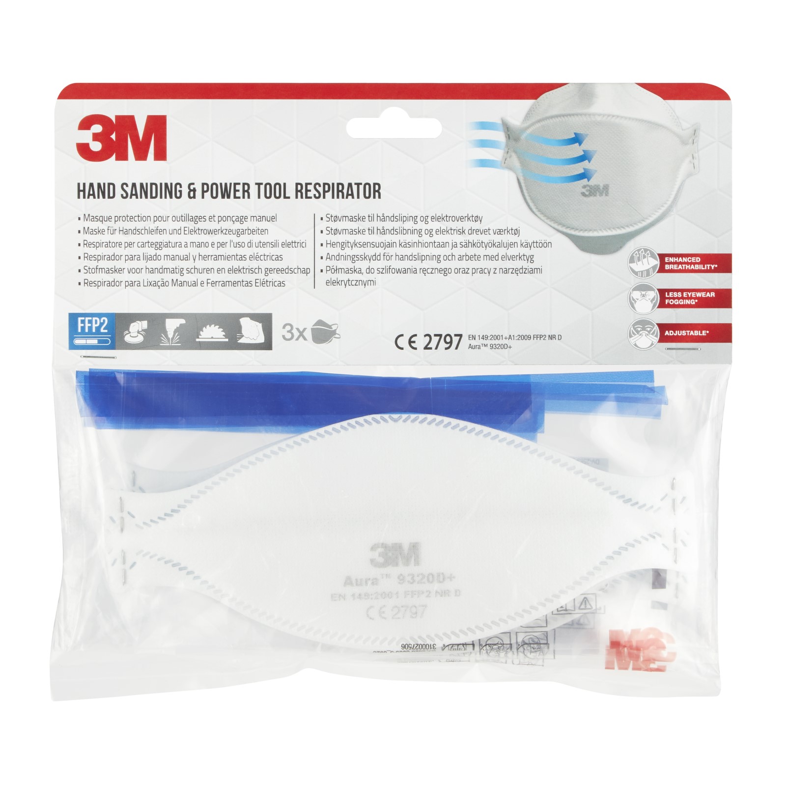 3M™ 9320D+ Aura™ Einweg-Partikel-Atemschutzmaske, FFP2, ohne Ventil, 3/Packung