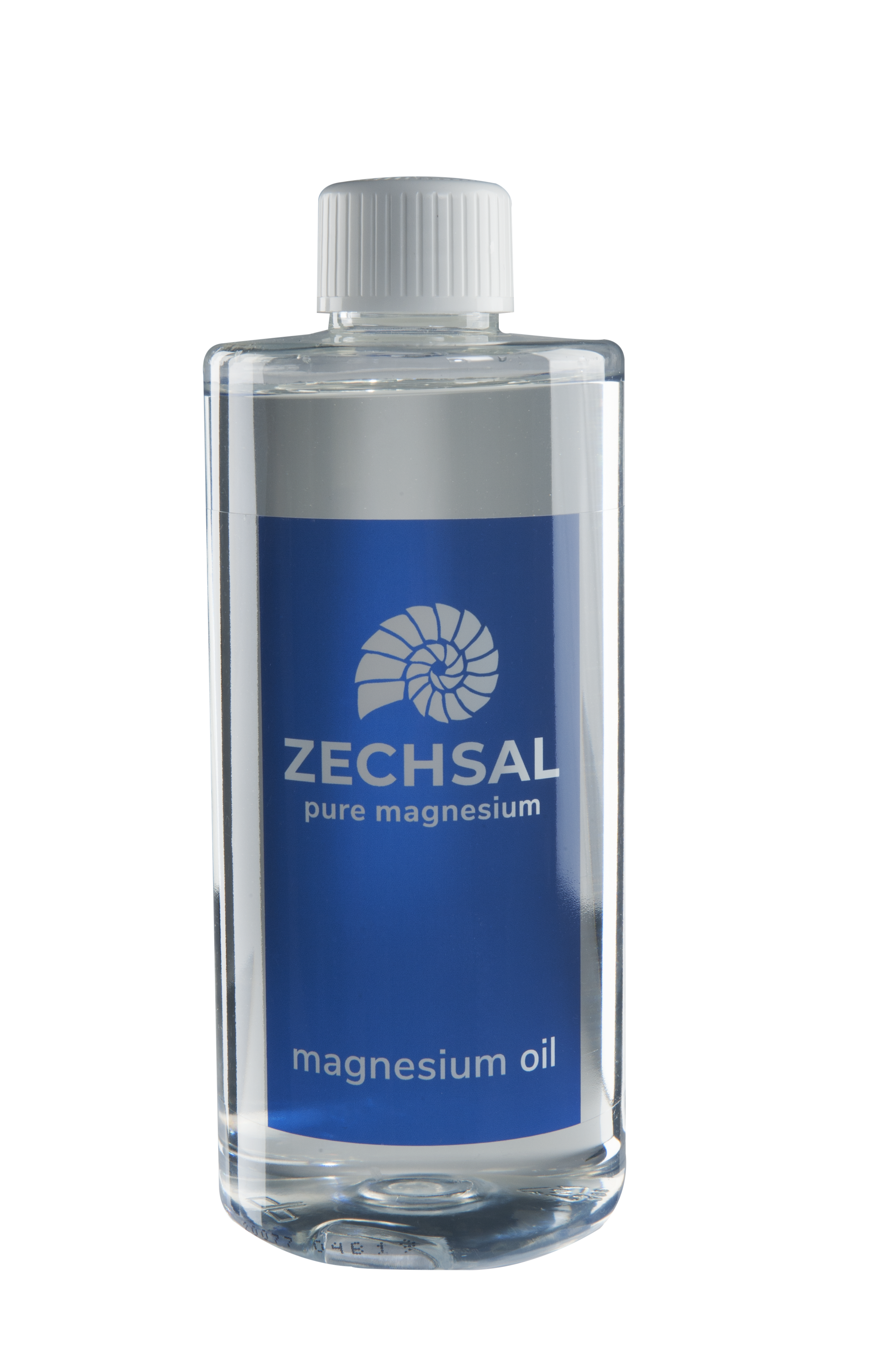Flasche mit Magnesiumöl der Marke Zechsal, transparent mit blauem Etikett.