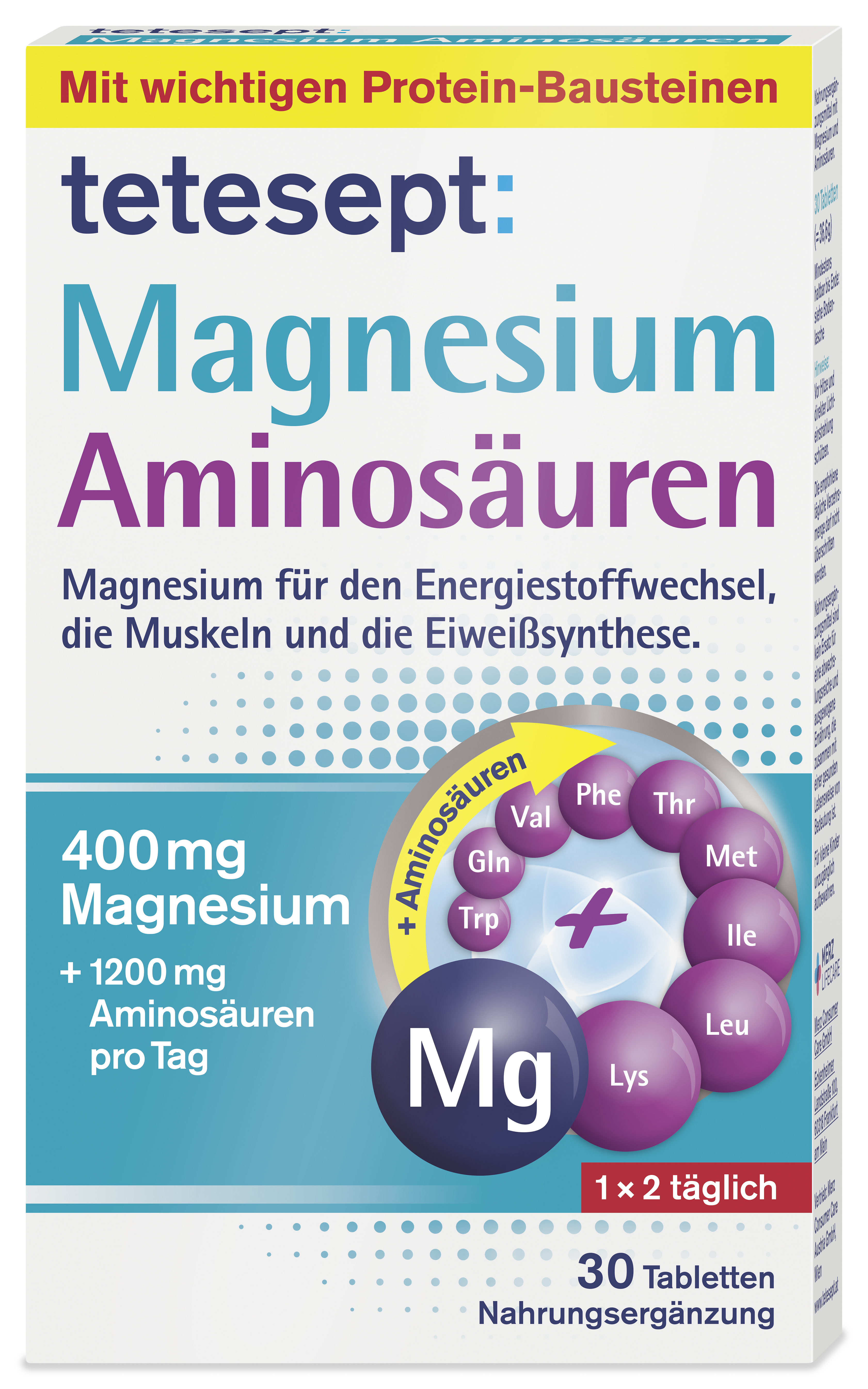 Packung von tetesept Magnesium Aminosäuren mit Hinweis auf 400 mg Magnesium und 1200 mg Aminosäuren pro Tag, empfohlen 1-2 Tabletten täglich.