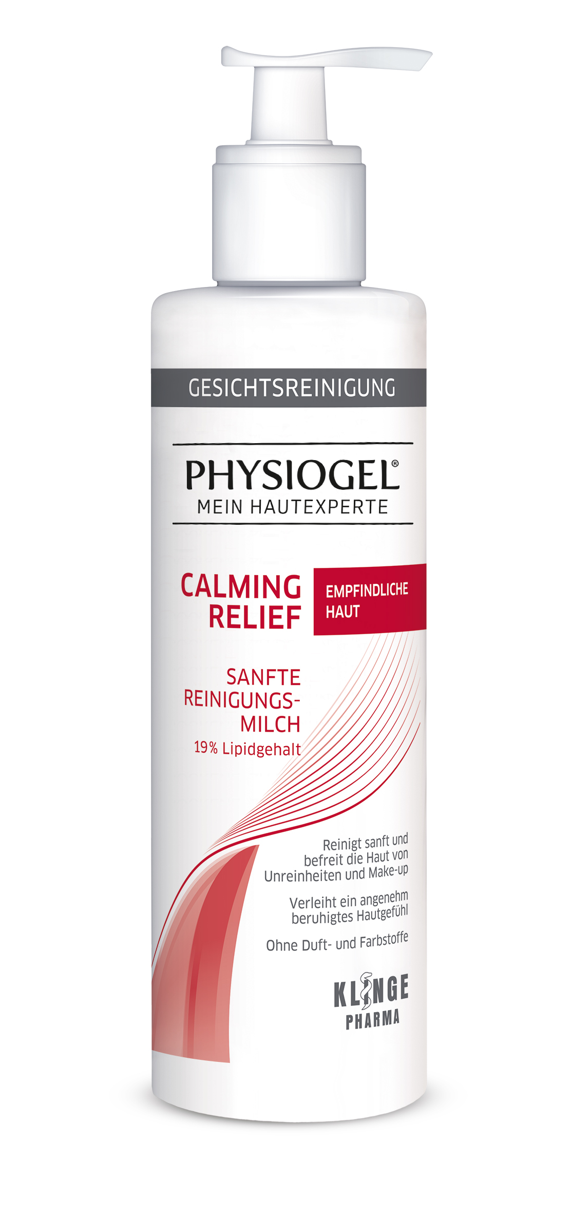 Flasche mit physiologischer Reinigungslotion für empfindliche Haut, weiß mit roten und schwarzen Schriftzügen, Spenderkopf oben.