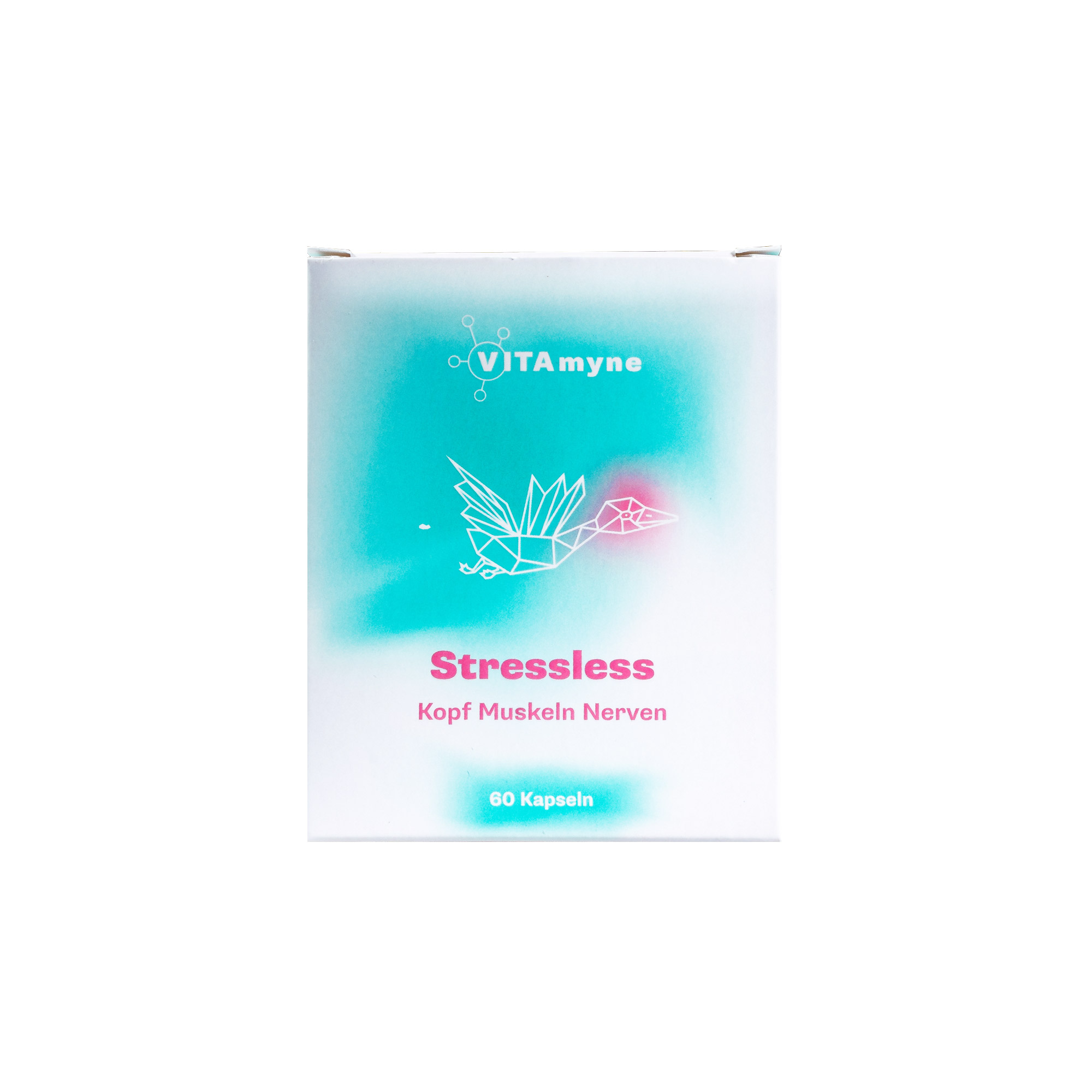Produktverpackung eines Nahrungsergänzungsmittels namens "Stressless" von VITAmine, für Kopf, Muskeln und Nerven, mit 60 Kapseln.