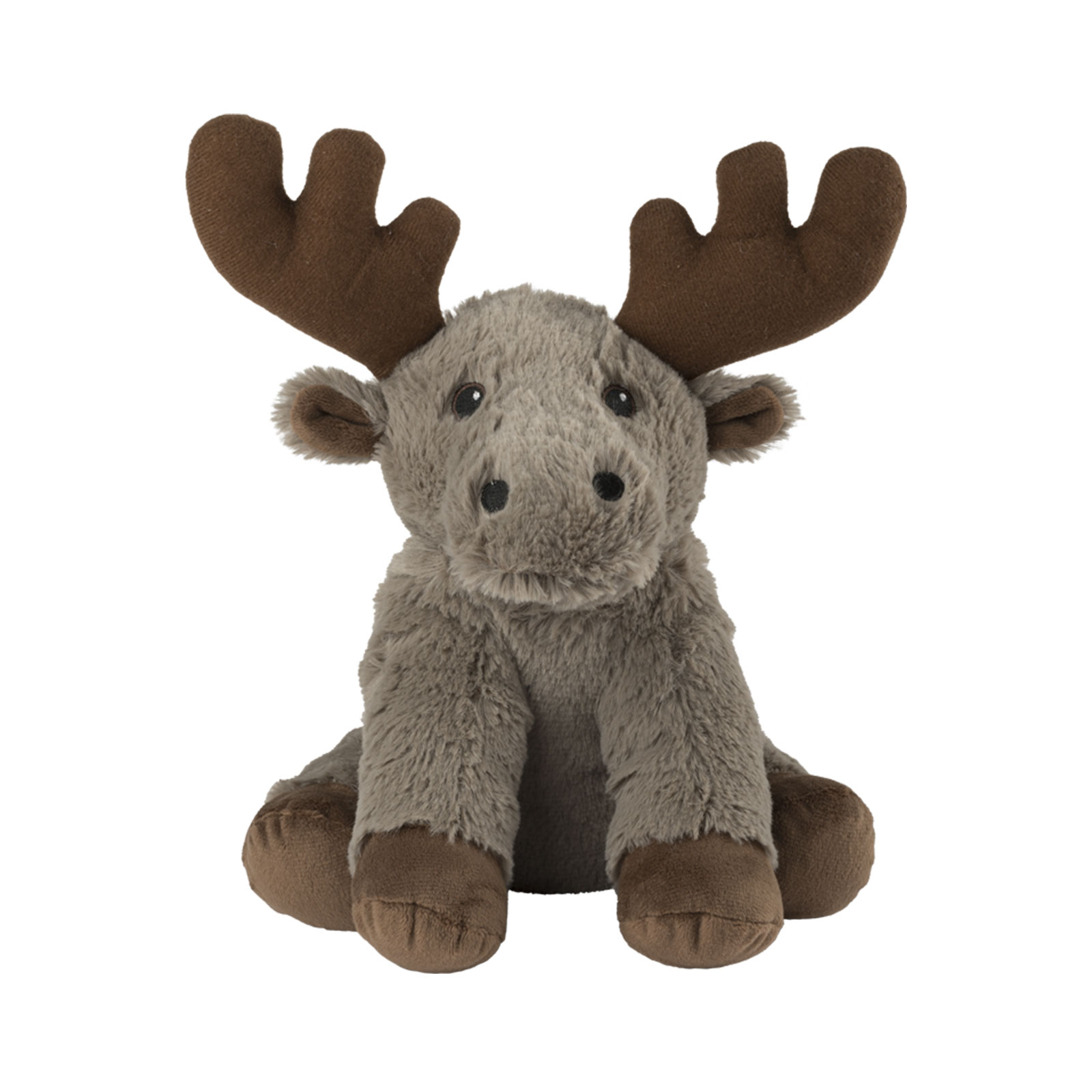 Plüsch-Elch mit braunen Geweih und weichem Körper, sitzend.