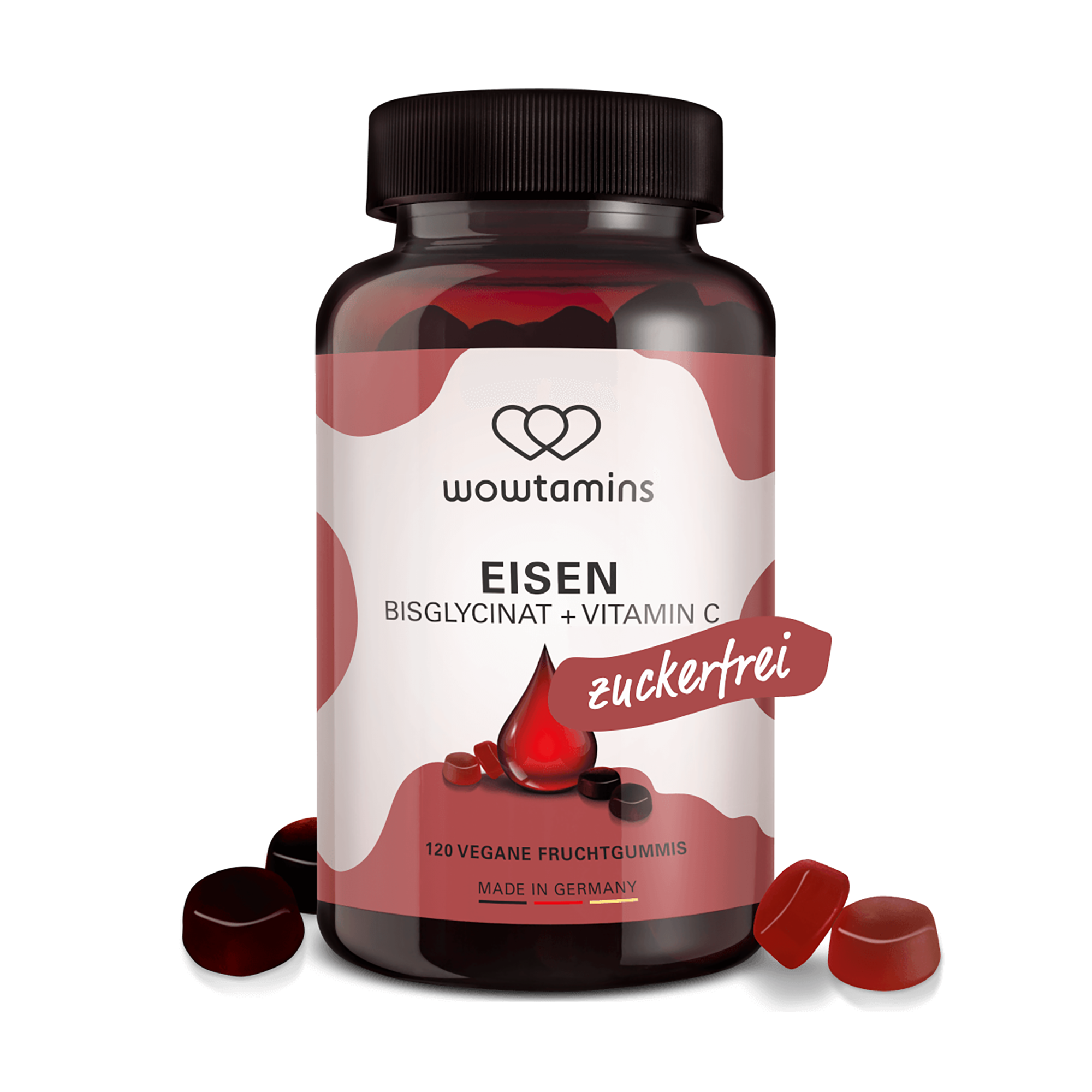 Produktbild eines Nahrungsergänzungsmittels mit der Bezeichnung "Eisen Bisglycinat + Vitamin C", mit einer auffälligen Kennzeichnung "zuckerfrei" und bunten Fruchtgummis.
