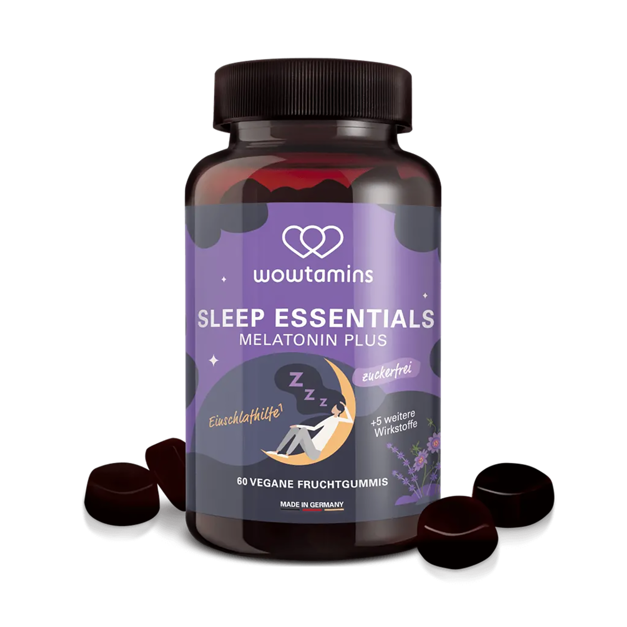 Schwarze Fruchtgummis in einem transparenten Behälter mit lila Etikett, auf dem "Sleep Essentials Melatonin Plus" steht, umgeben von weiteren Fruchtgummis.