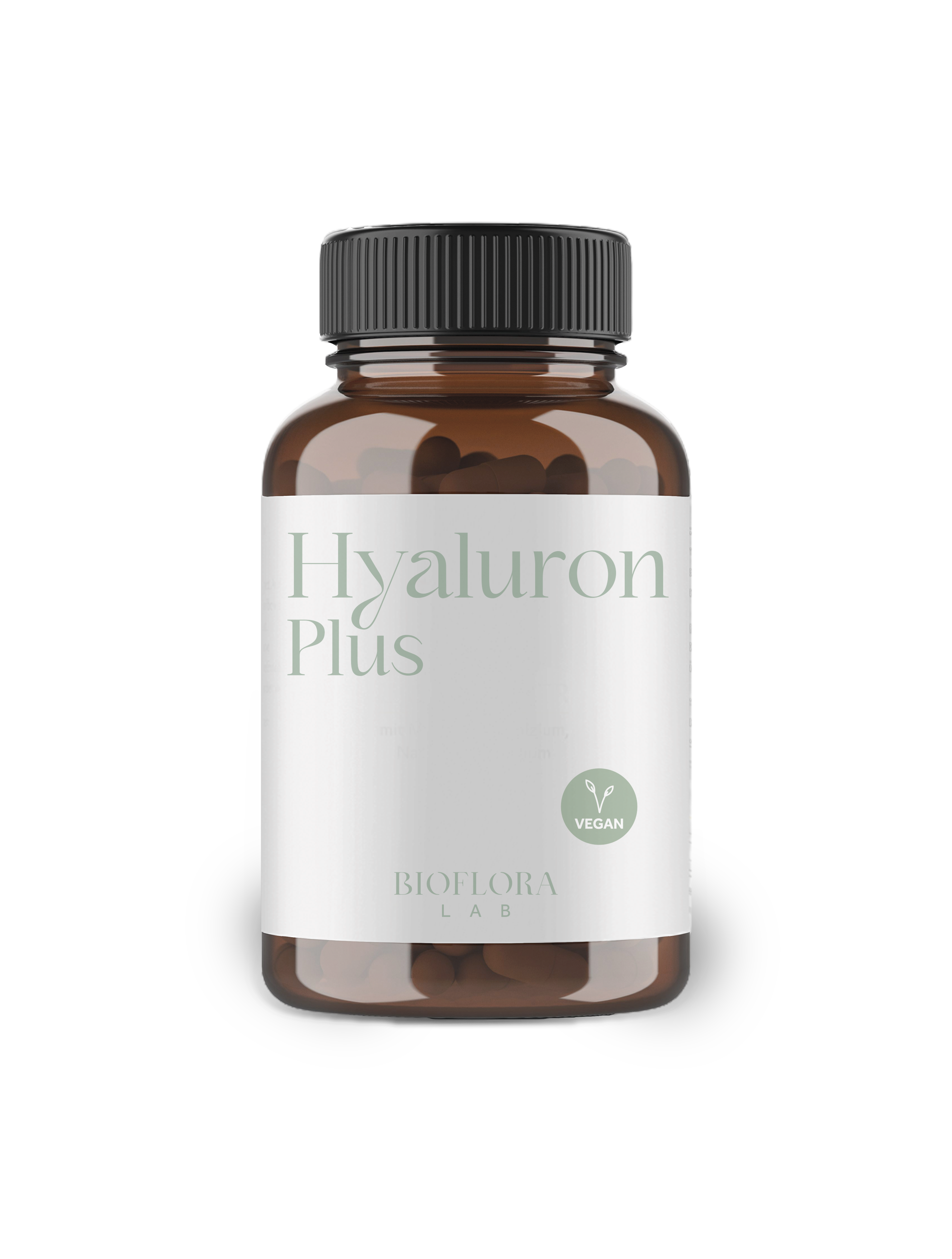 Braune Glasflasche mit schwarzem Deckel, beschriftet mit "Hyaluron Plus" und dem Logo "Vegan".