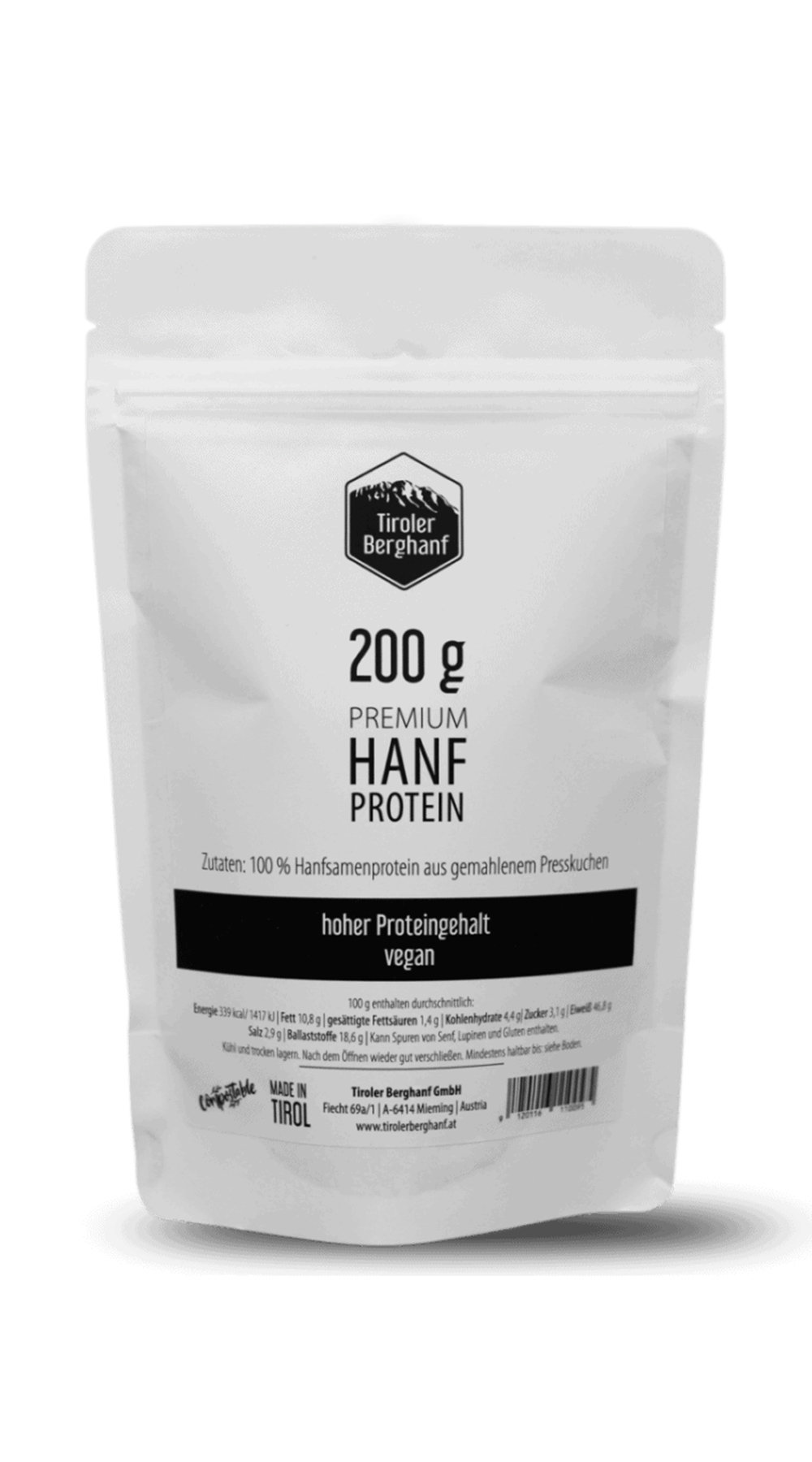 Verpackung von 200 g Premium Hanfprotein mit Angaben zu Inhaltsstoffen und Eigenschaften.