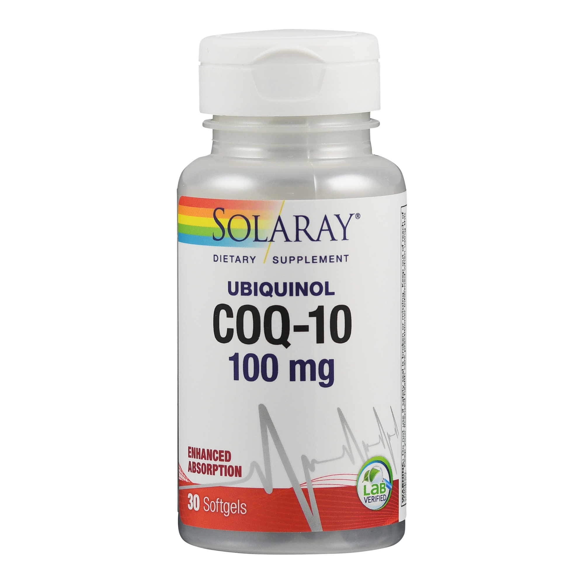 Transparenter Behälter mit Nahrungsergänzungsmittel Ubiquinol CoQ-10, 100 mg, 30 Softgels.