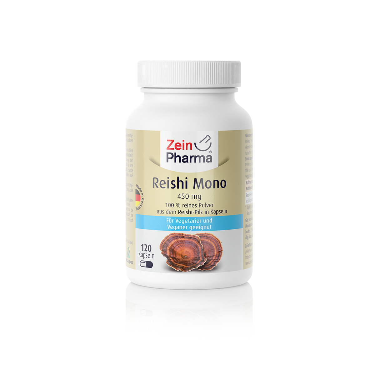 Weißes Fläschchen mit Kapseln, beschriftet mit "ZeinPharma Reishi Mono 450 mg, 120 Kapseln".