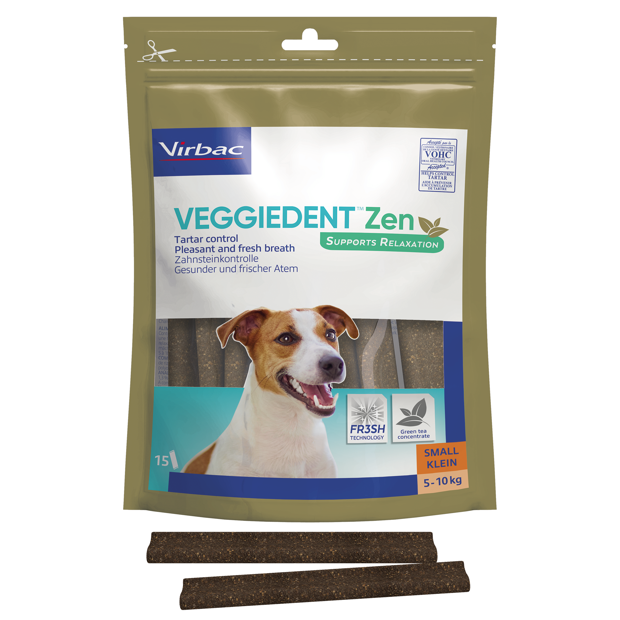Verpackung von Virbac Veggiedent Zen für Hunde mit Abbildung eines Hundes und Informationen zu Tartar-Kontrolle und frischem Atem.