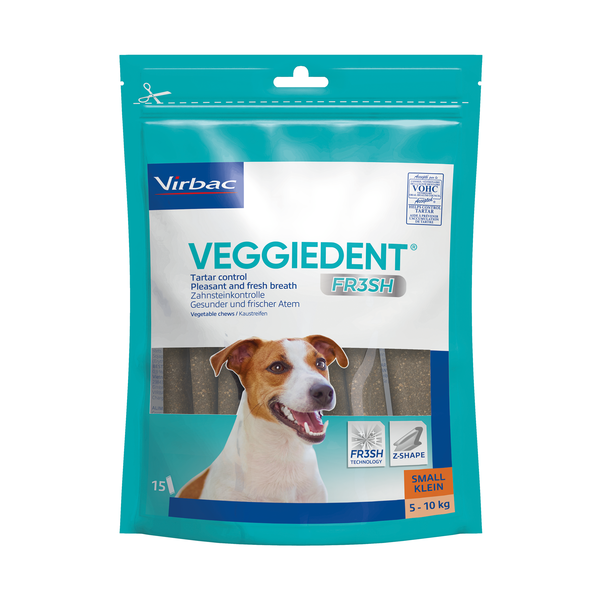 Verpackung von Virbac Veggiedent FRESH für Hunde zur Zahnreinigung, mit dem Hinweis "Tartar control" und "frischer Atem".