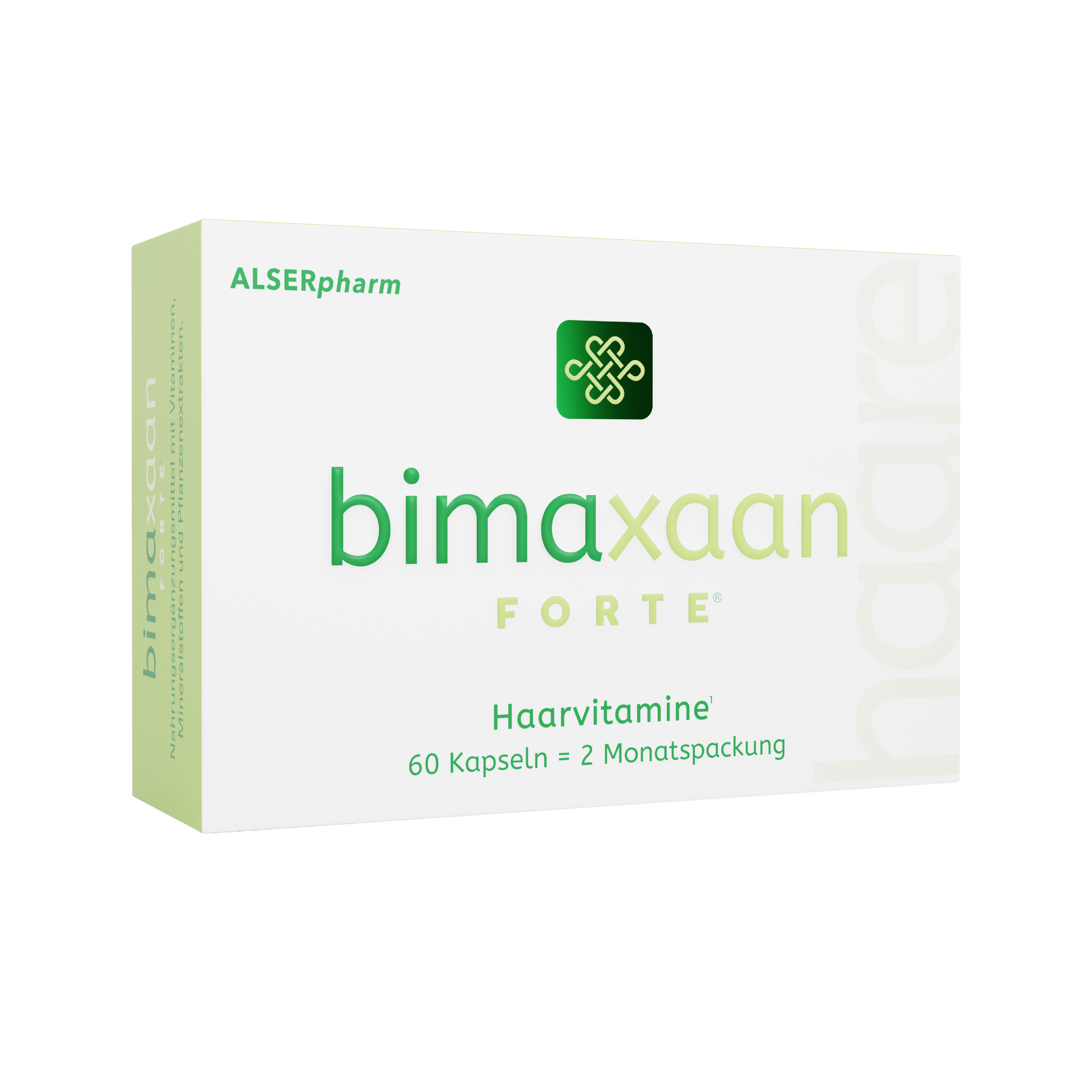 Produktverpackung von bimaxaan FORTE mit der Aufschrift "Haarvitamine", 60 Kapseln für eine Zweimonatspackung.