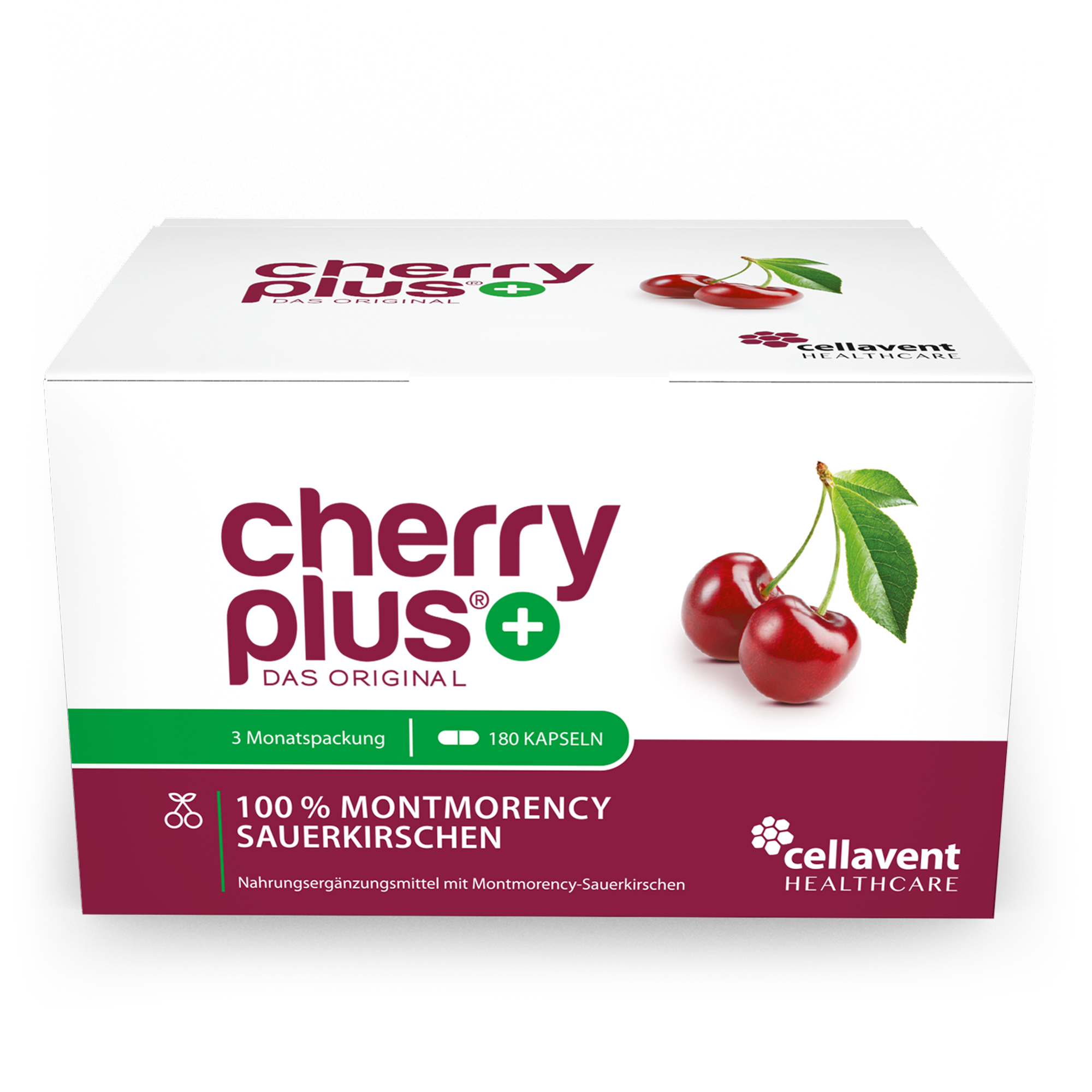 Verpackung von Cherry Plus mit 180 Kapseln aus Montmorency Sauerkirschen.