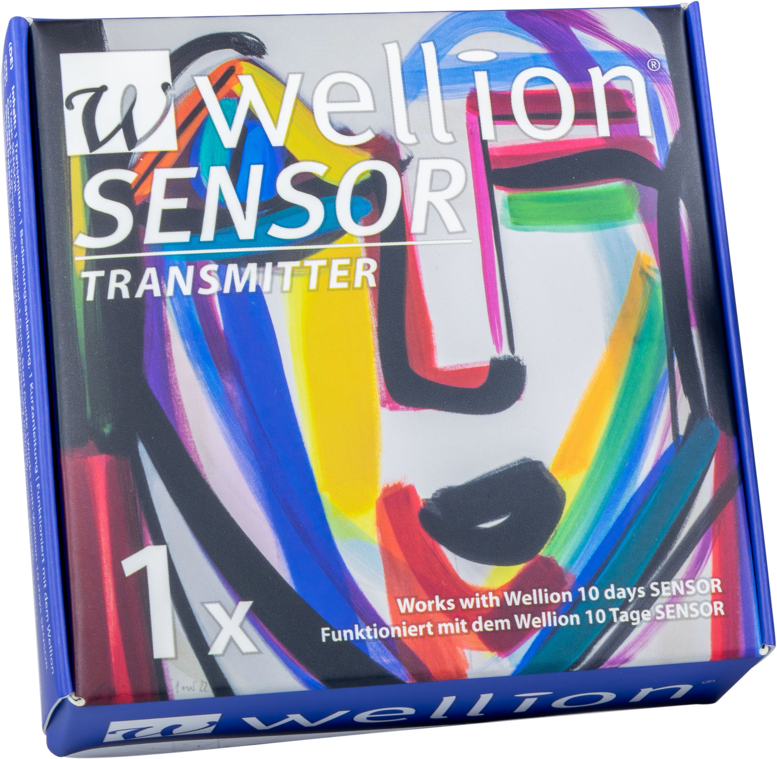 Verpackung des Wellion Sensor Transmitters mit farbigen abstrakten Mustern.