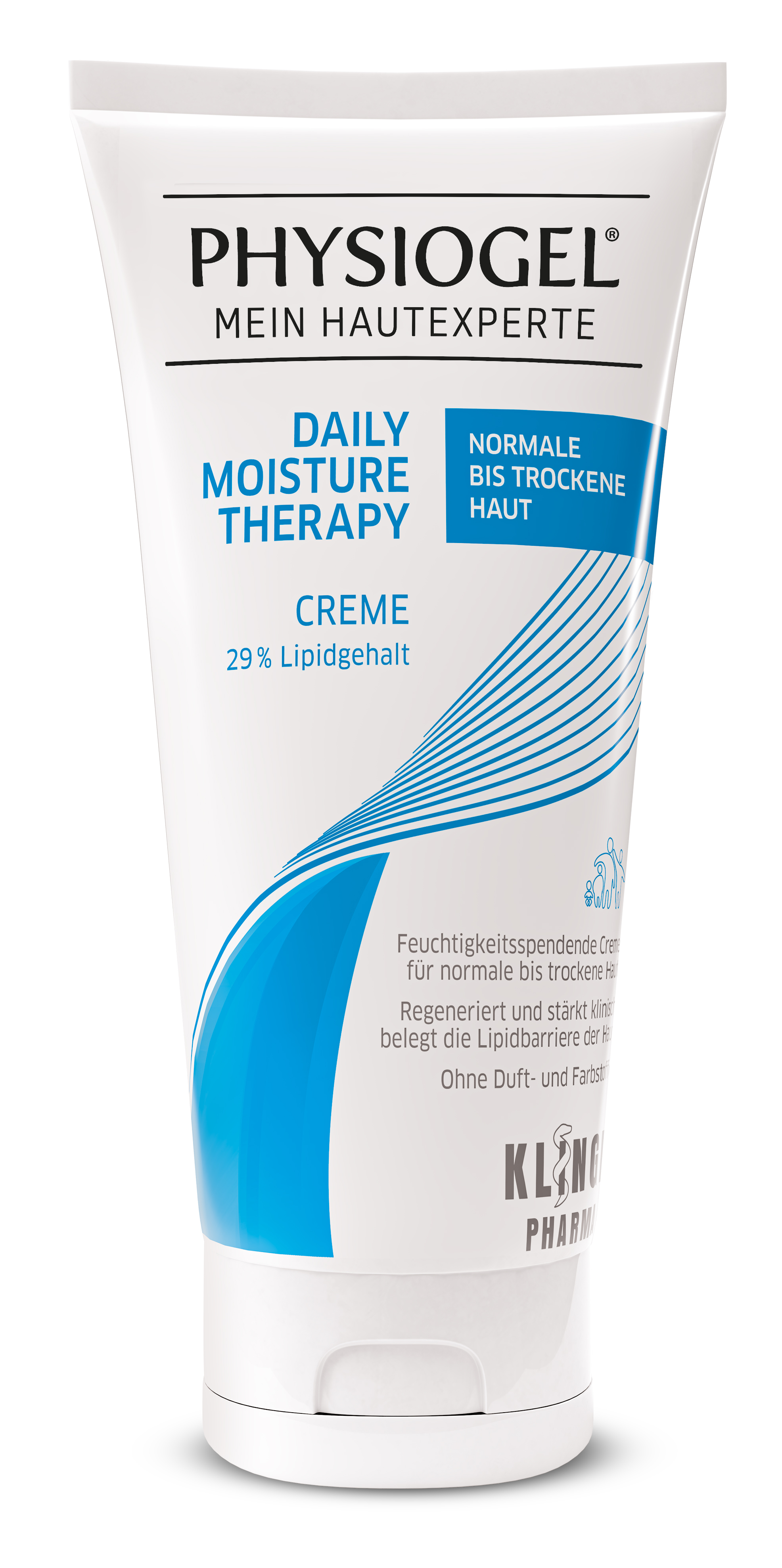 Tube mit Physiogel Daily Moisture Therapy Creme für normale bis trockene Haut, 29 % Lipidgehalt.
