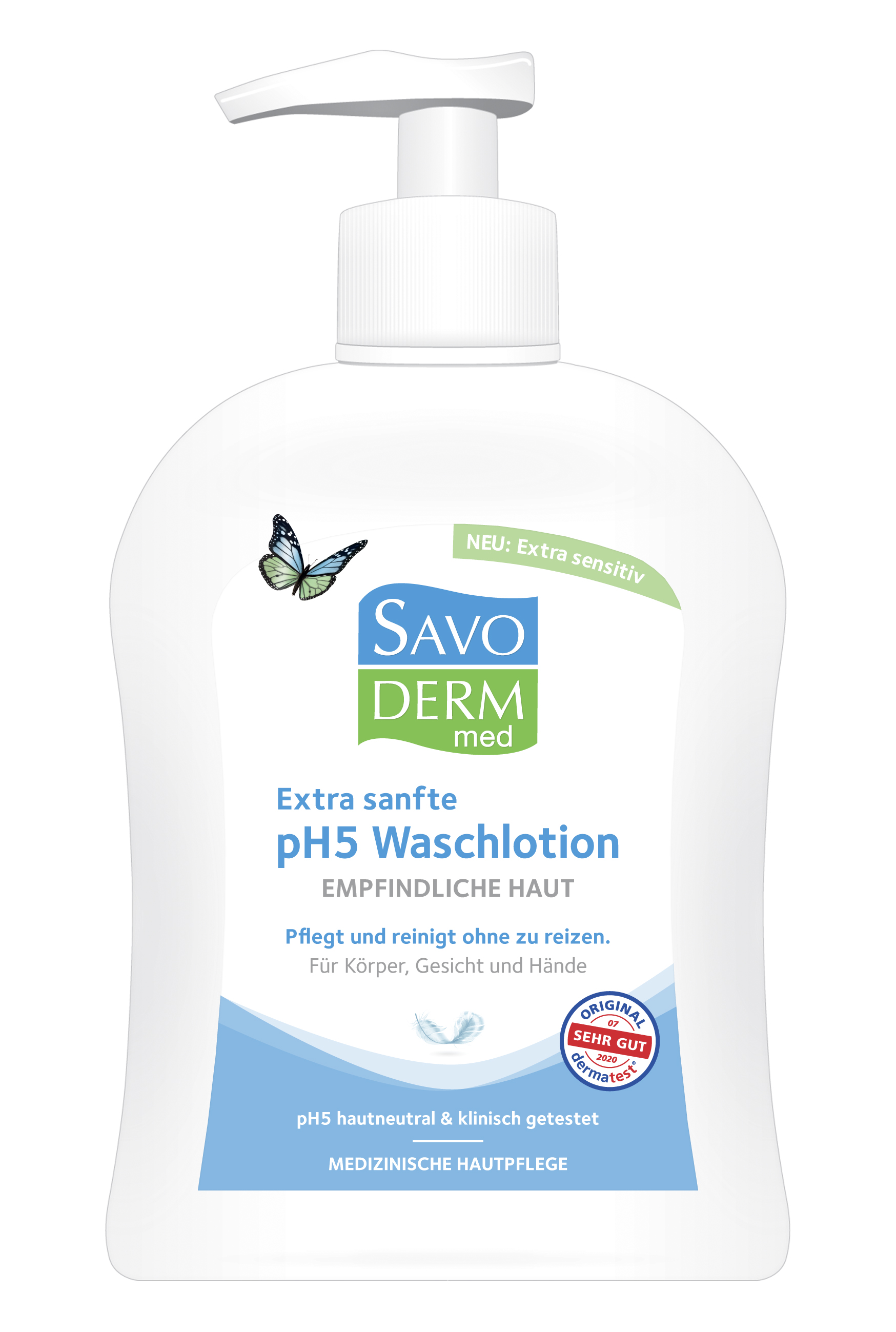 Flasche mit pH5 Wasch Lotion für empfindliche Haut von SavoDERM med, mit Schmetterlingsmotiv und Hinweis auf sanfte Pflege für Körper, Gesicht und Hände.