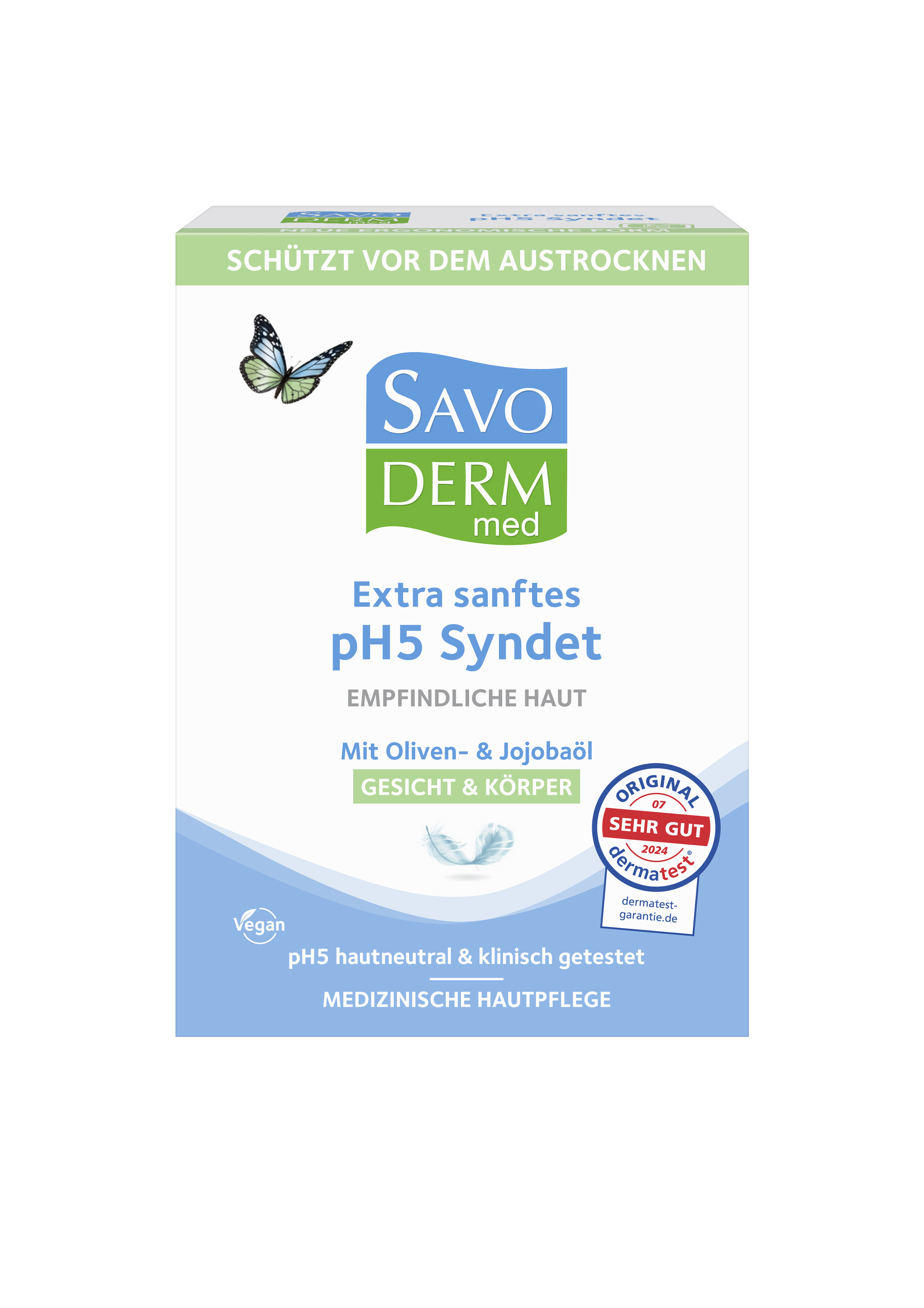 Verpackung des SavoDERM med pH5 Syndets für empfindliche Haut, mit Oliven- und Jojobaöl, zeigt das Produktdesign und die Hauptmerkmale.