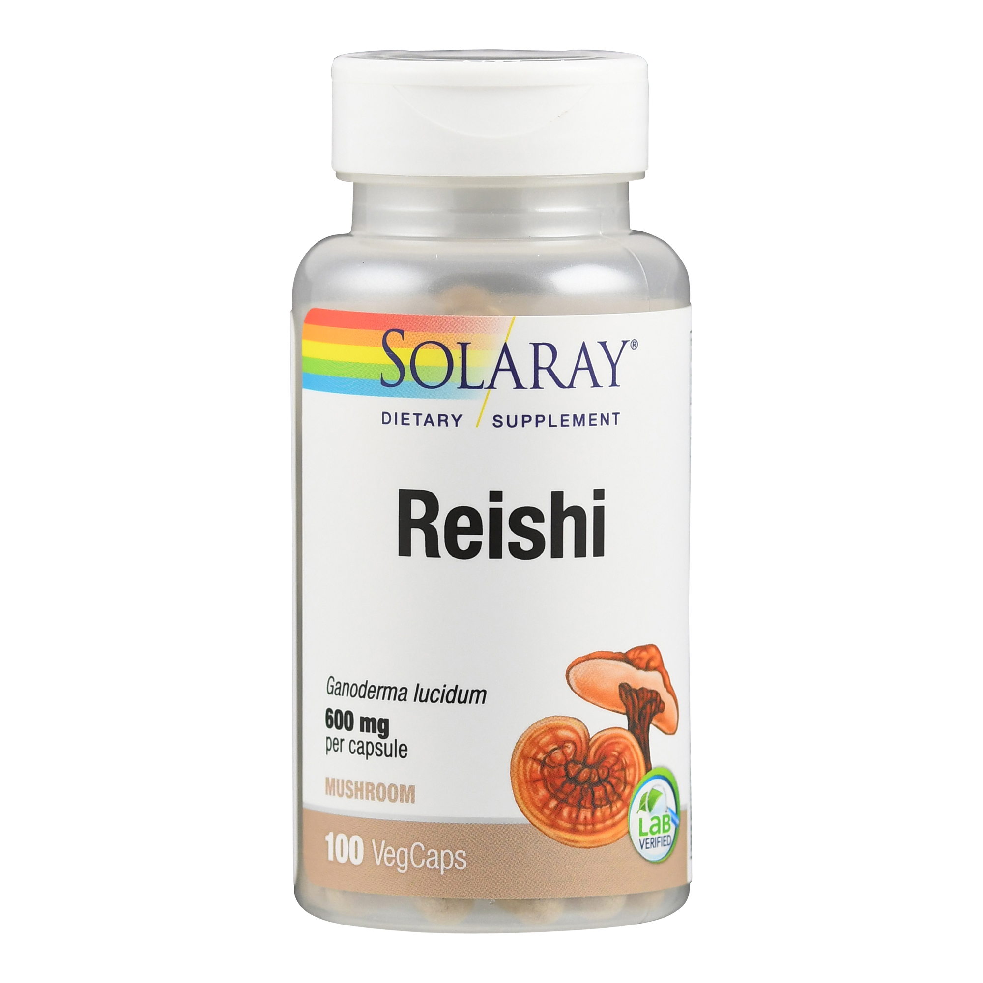 Flasche mit Reishi-Nahrungsergänzungsmittel, 100 Kapseln, 600 mg pro Kapsel, mit abgebildetem Reishi-Pilz.