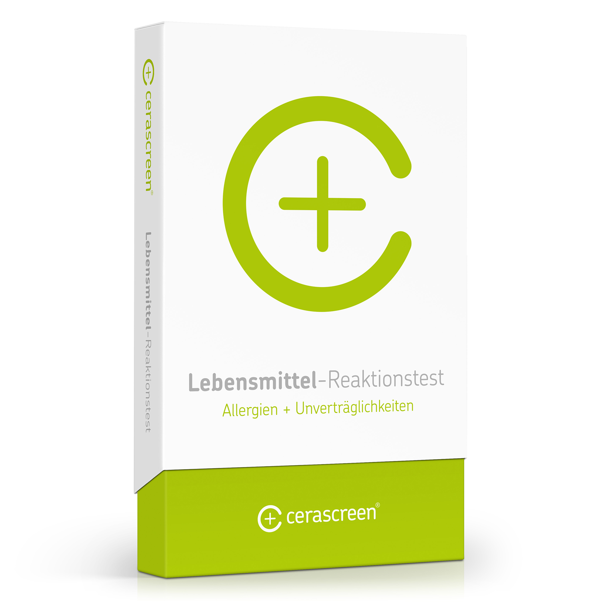 Verpackung eines Lebensmittel-Reaktionstests von cerascreen mit dem Text "Lebensmittel-Reaktionstest Allergien + Unverträglichkeiten".