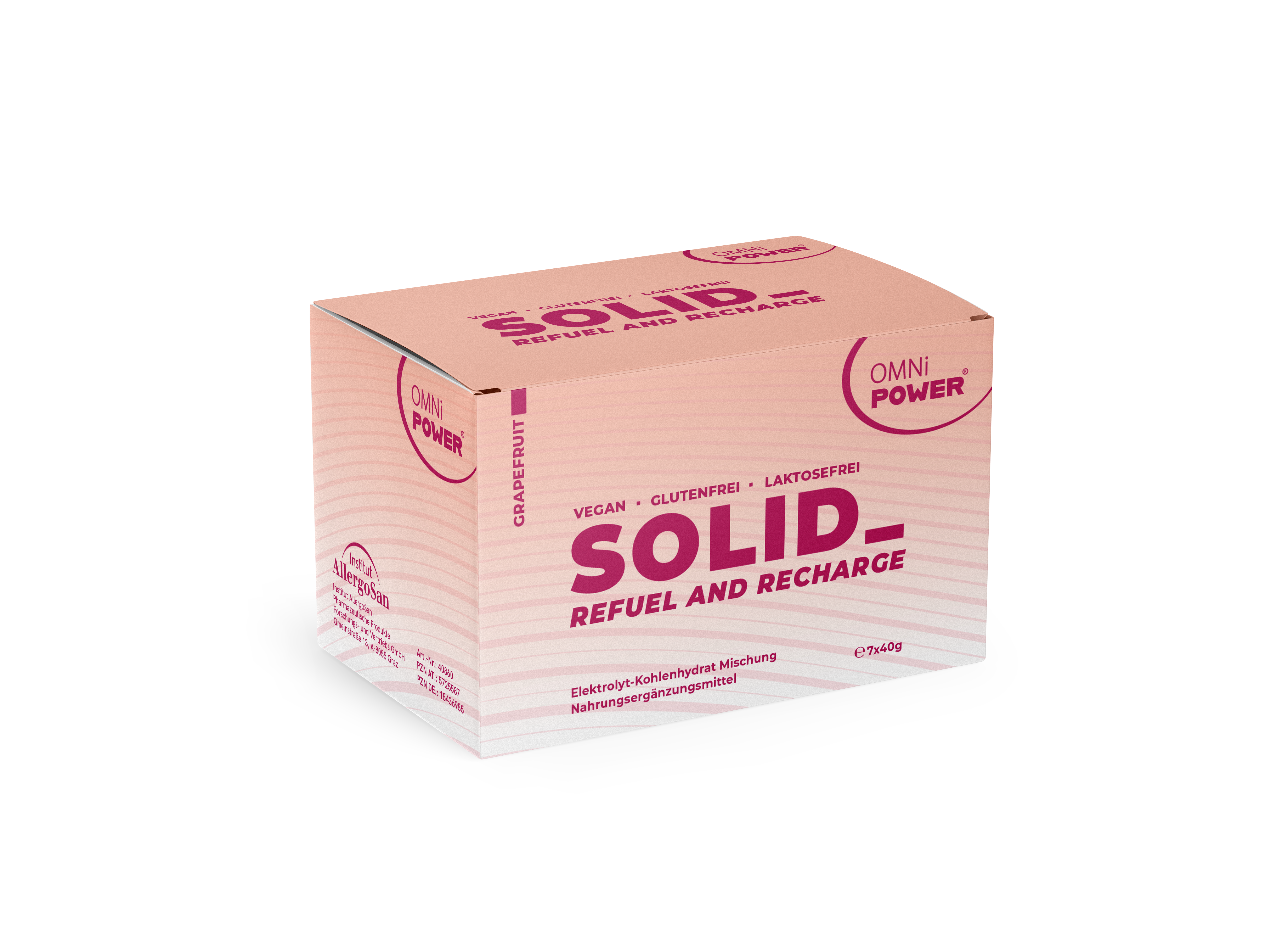 Verpackung des Produkts "SOLID - Refuel and Recharge" in rosa mit veganen, glutenfreien und laktosefreien Hinweisen.