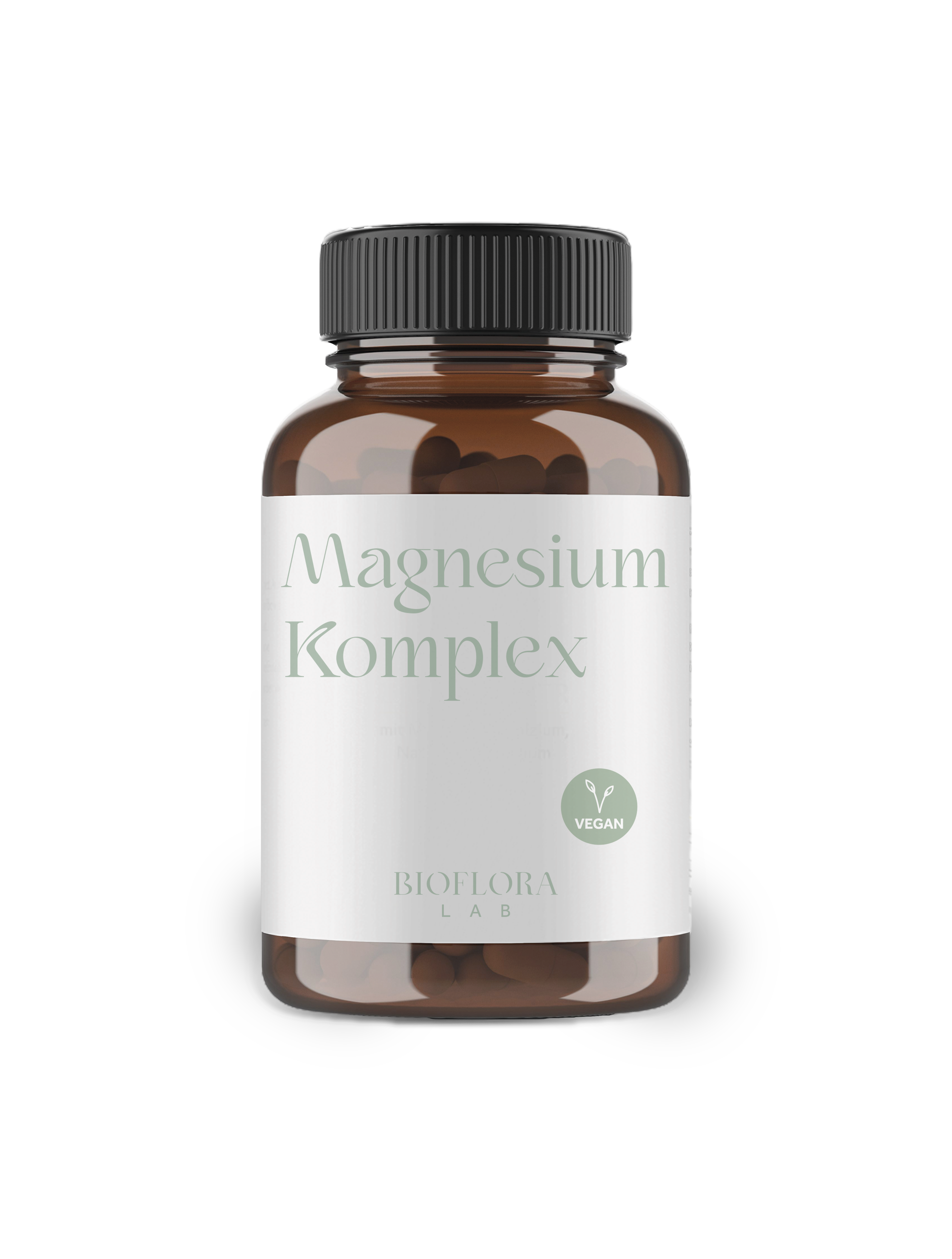 Braunglasflasche mit Magnesium Komplex, vegan, von Bioflora Lab.