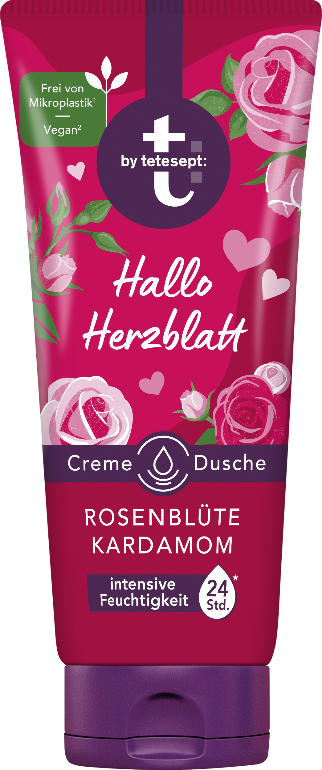 Tube mit Creme-Dusche "Hallo Herzblatt" in der Duftrichtung Rosenblüte und Kardamom, betont durch florale Designs und Hinweise auf vegane Inhaltsstoffe sowie Mikroplastikfreiheit.