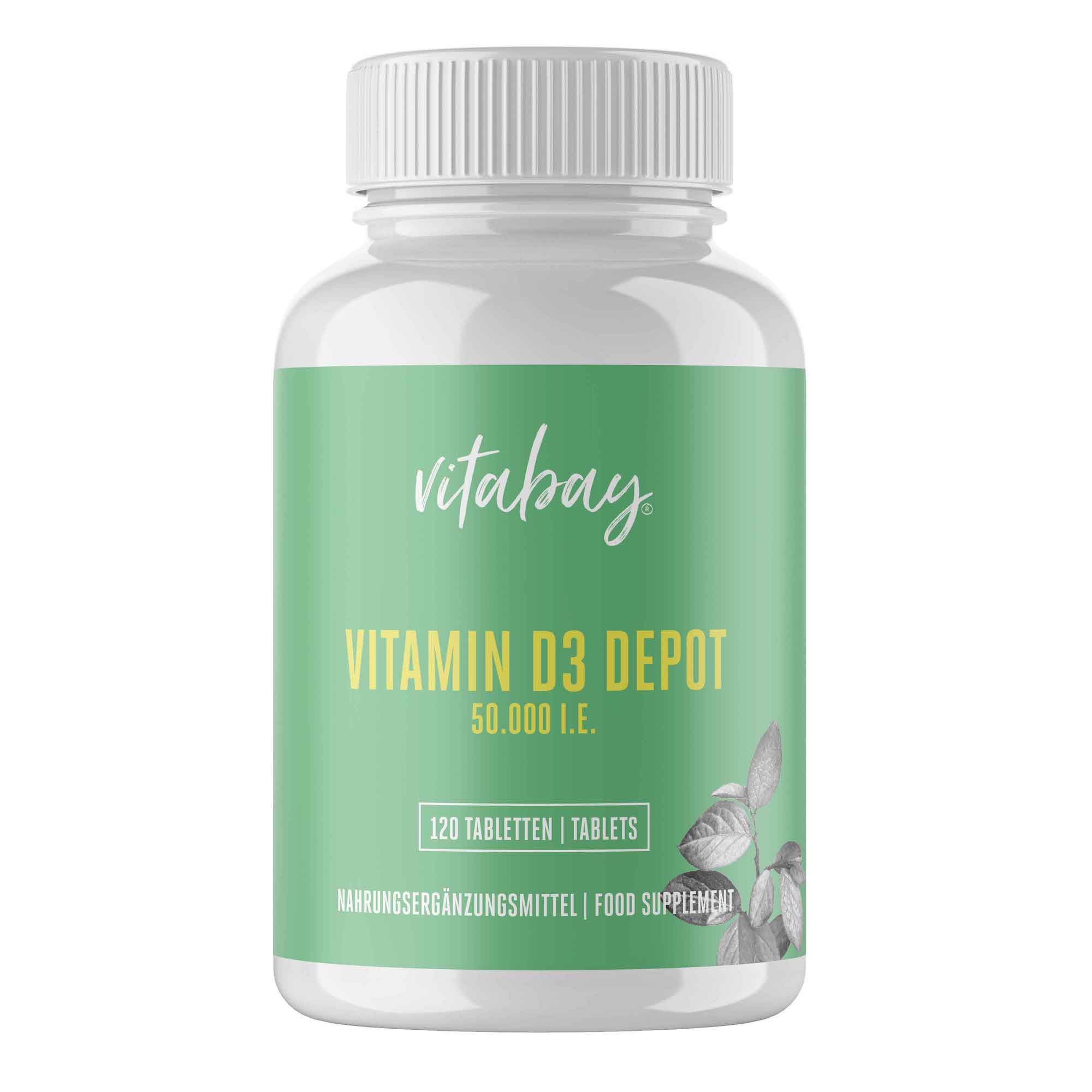 Flasche mit Vitamin D3 Depot, 120 Tabletten, 50.000 I.E., von vitabay.