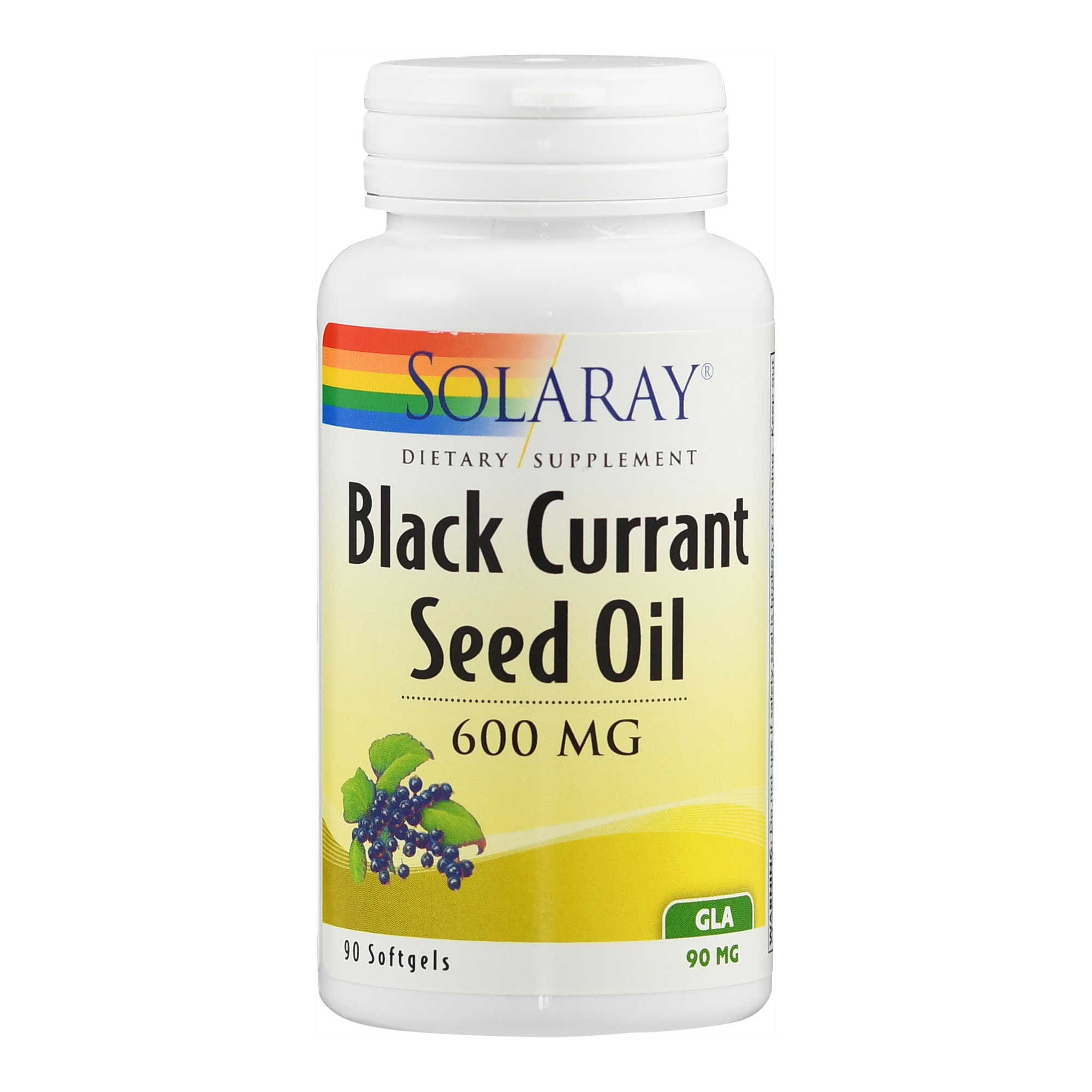 Weißes Fläschchen mit schwarzer Johannisbeersamenöl, 600 mg, 90 Softgels, Marke Solaray.