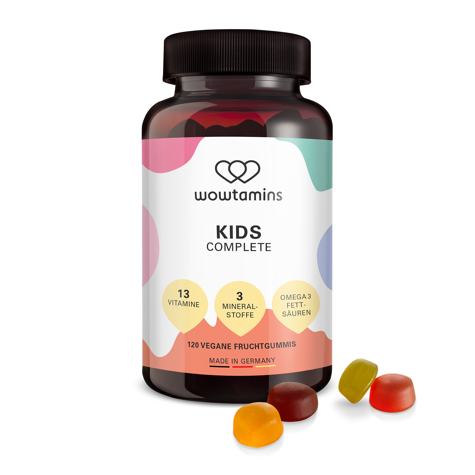 Glasflasche mit fruchtigen Gummibärchen für Kinder, beschriftet mit "wowtamins KIDS COMPLETE", enthält 120 vegane Vitamine.