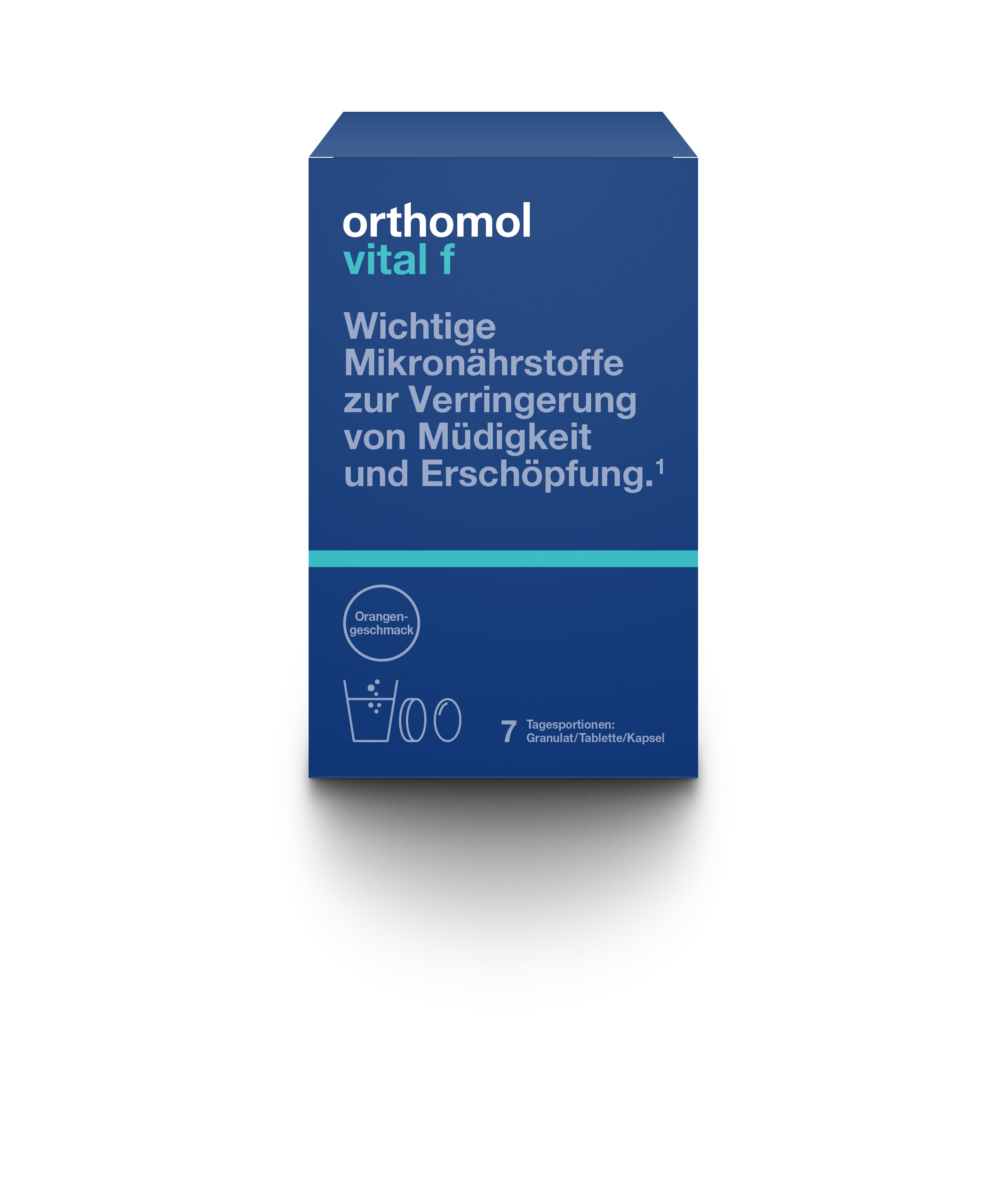 Packung des Produkts "orthomol vital f" mit Hinweis auf Mikronährstoffe zur Verringerung von Müdigkeit und Erschöpfung.